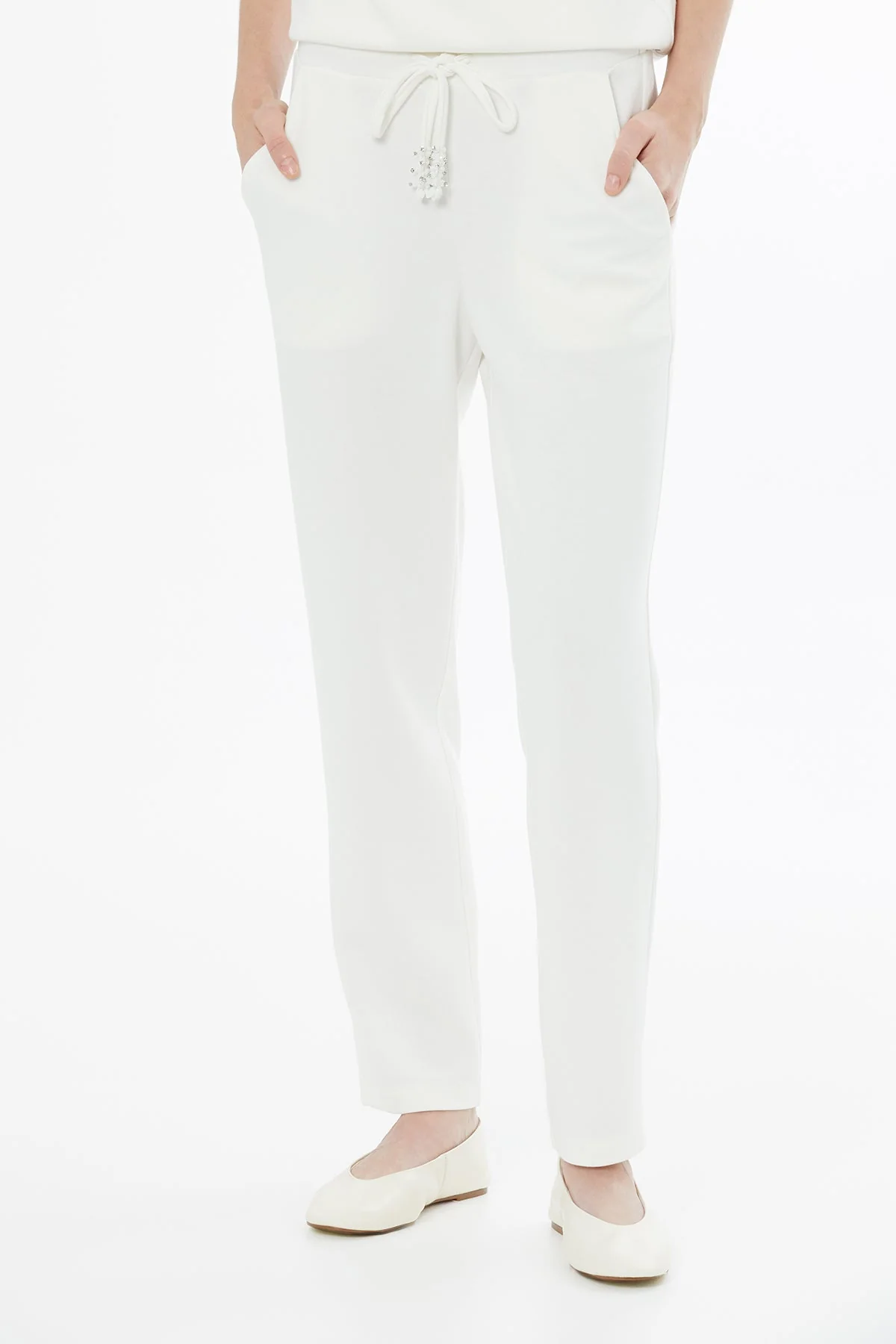 Ecru Tie Detail Straight-Leg Sweatpants - Image 2