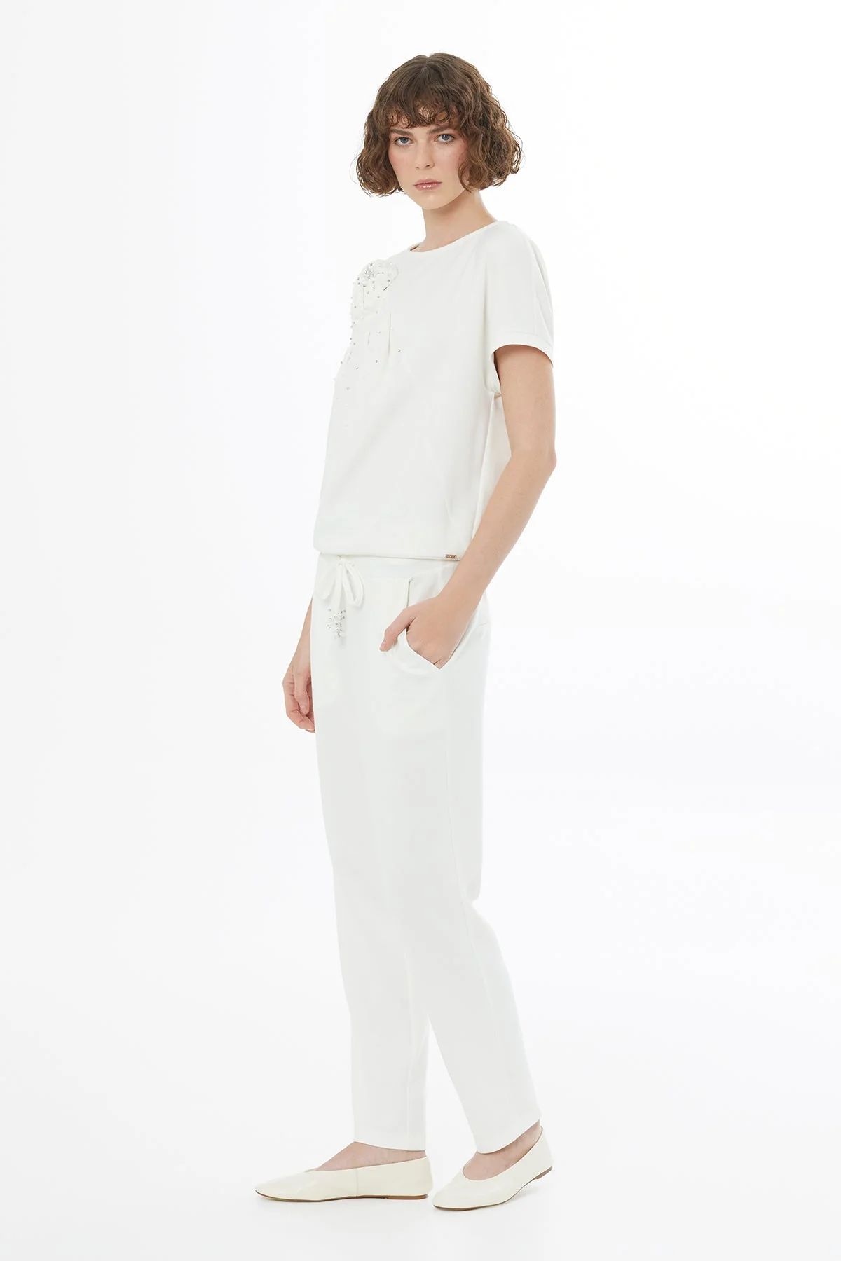 Ecru Tie Detail Straight-Leg Sweatpants - Image 4