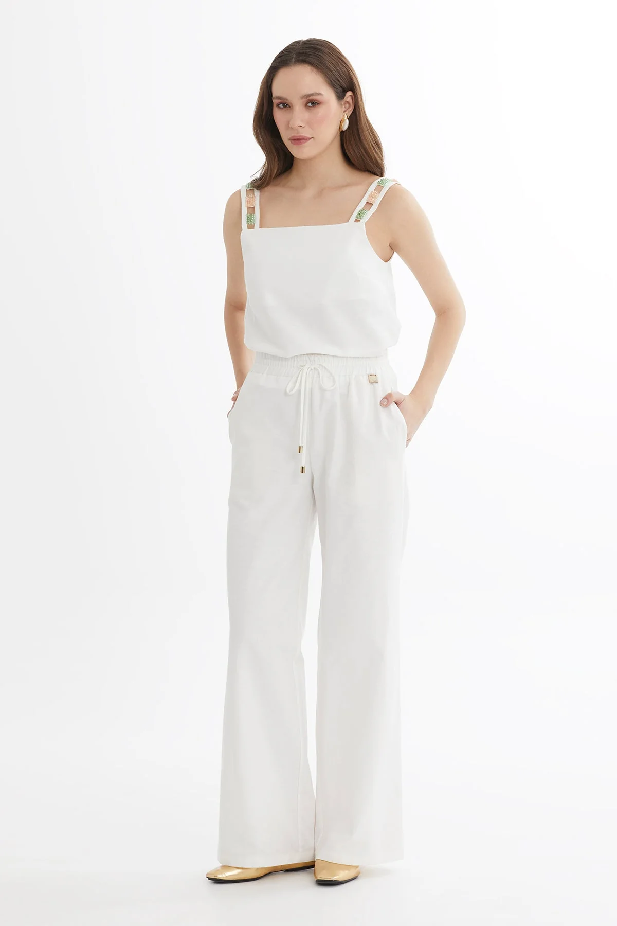 Ecru Tie Detail Wide-Leg Trousers - Image 3