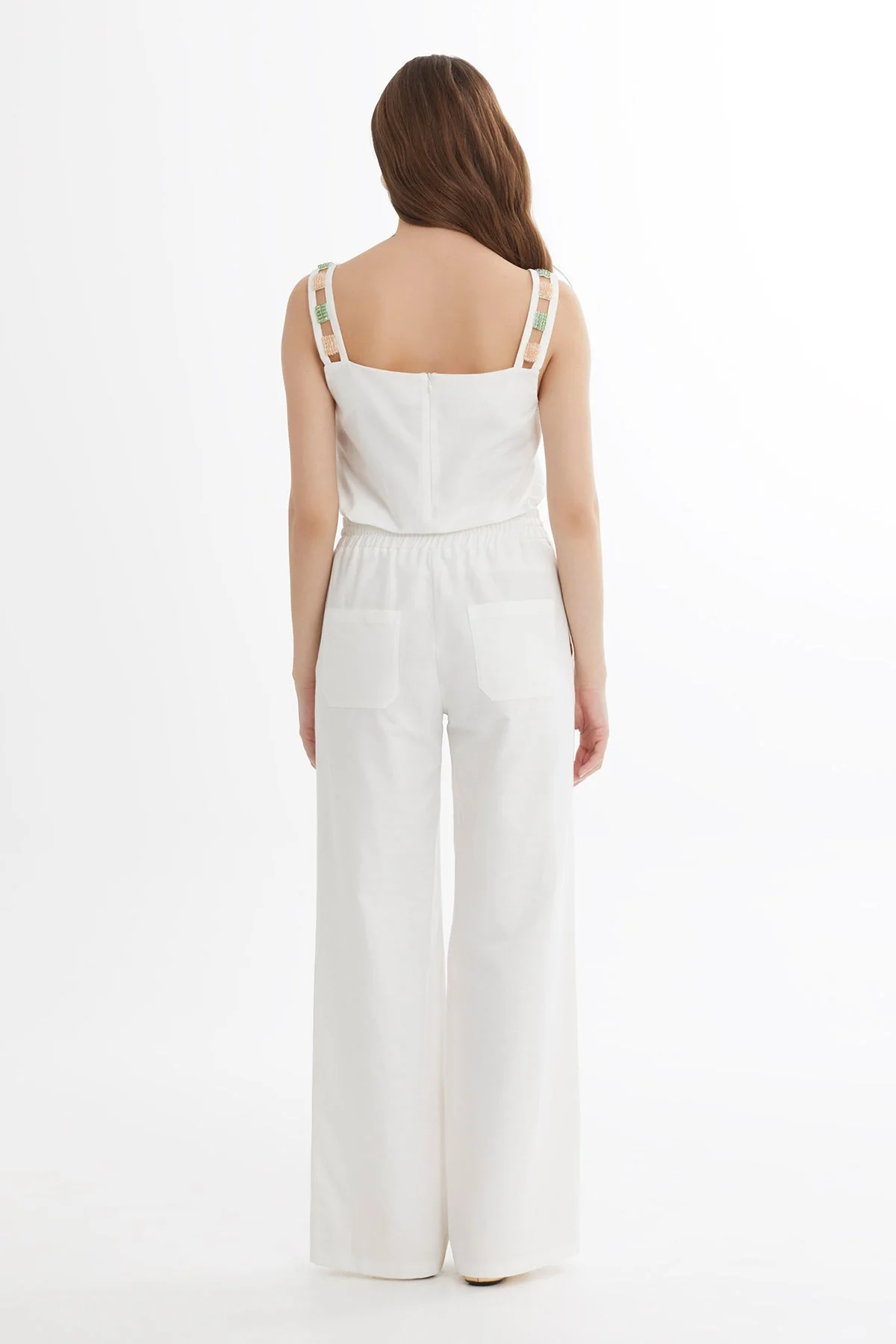 Ecru Tie Detail Wide-Leg Trousers - Image 4