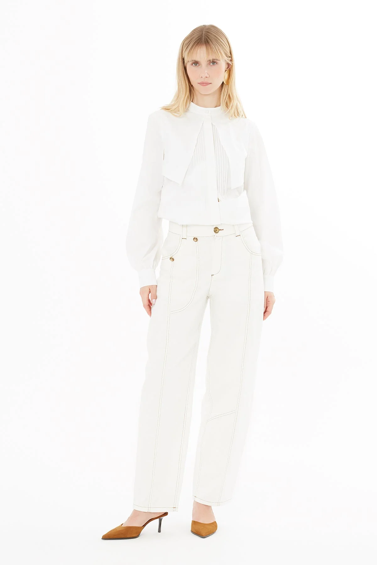 Ecru Trousers with Stitching Detail