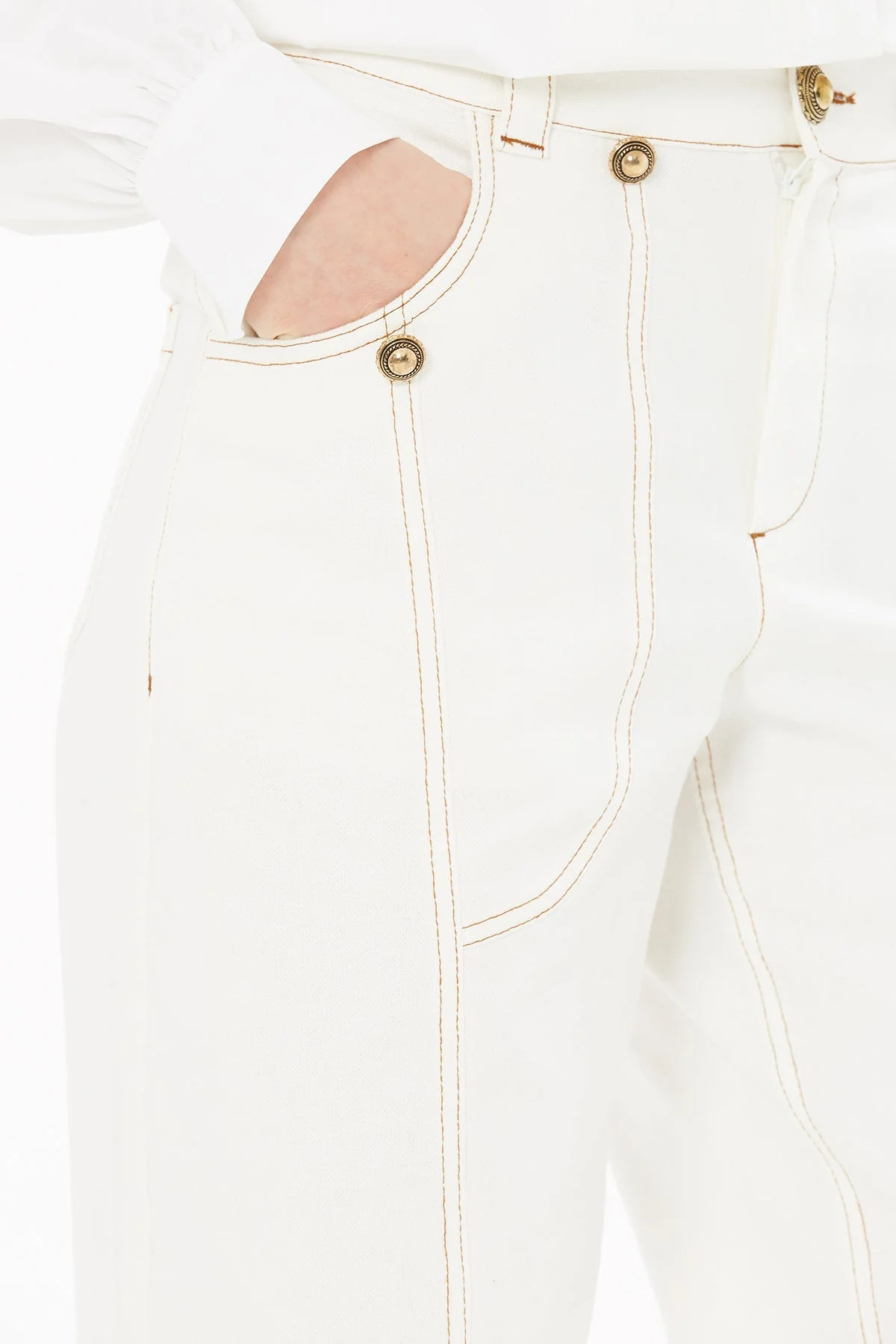 Ecru Trousers with Stitching Detail - Image 2