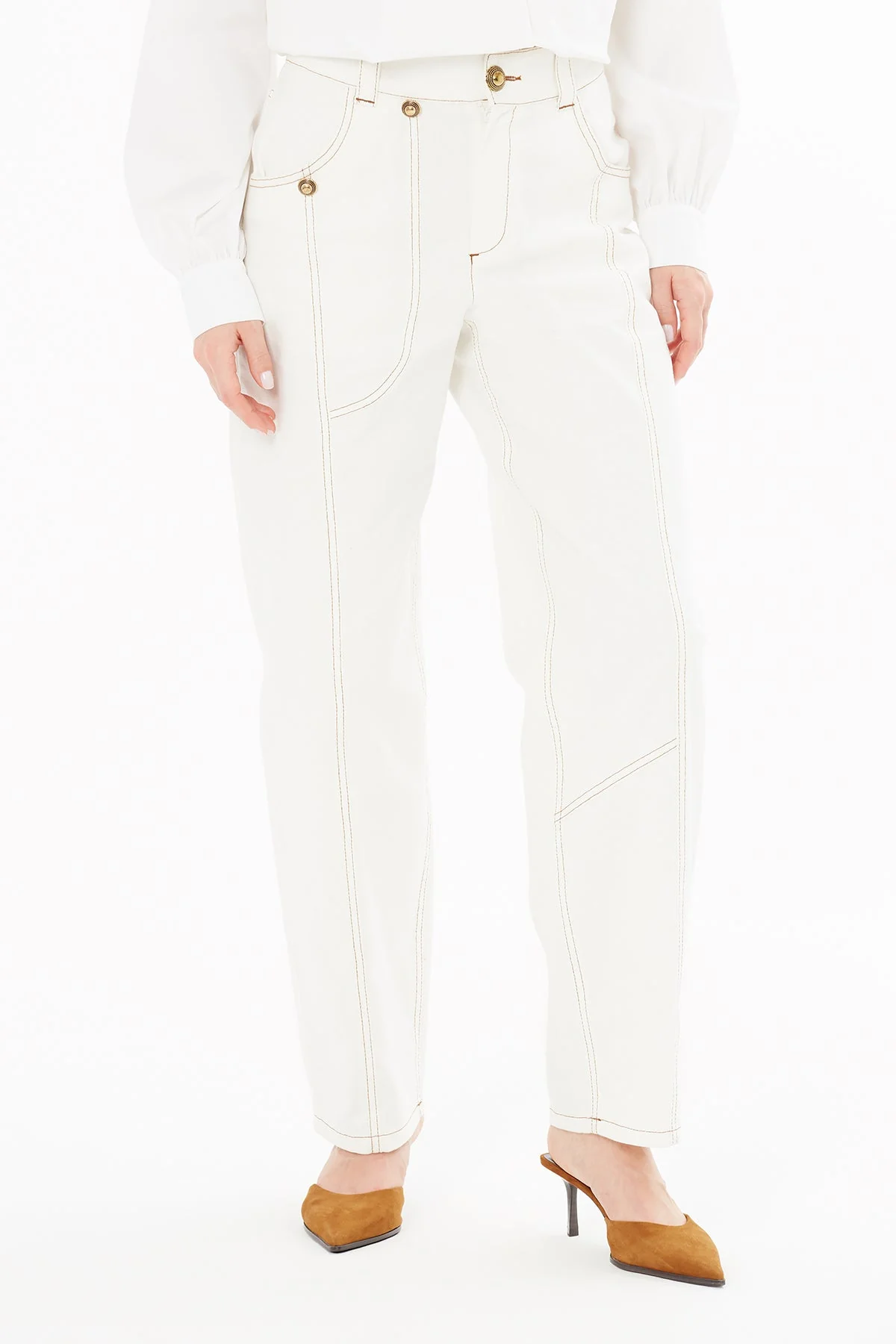 Ecru Trousers with Stitching Detail - Image 3