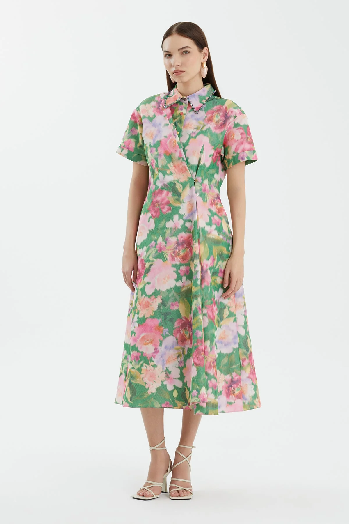 Embroidered Collar Printed Dress