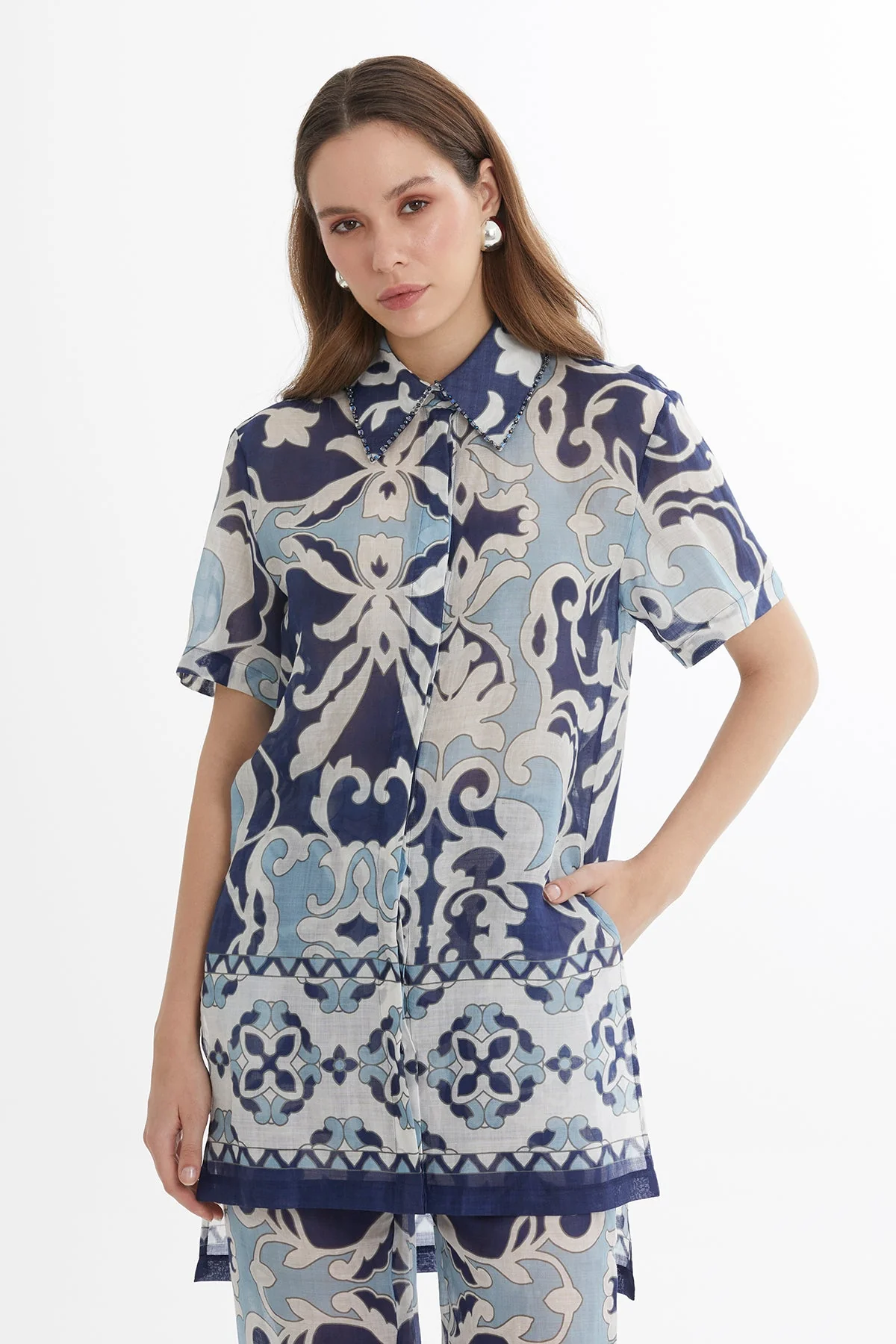 Embroidered Long Slit Shirt - Image 2