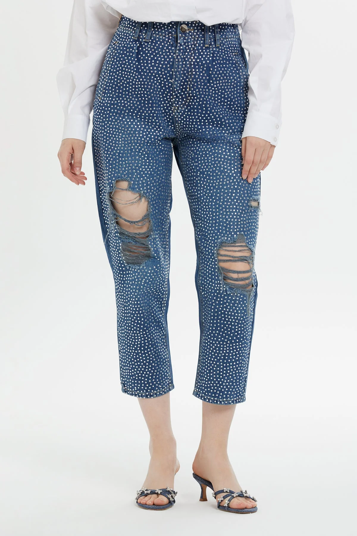 Faded Jacron Detailed Mom Jeans - Image 2