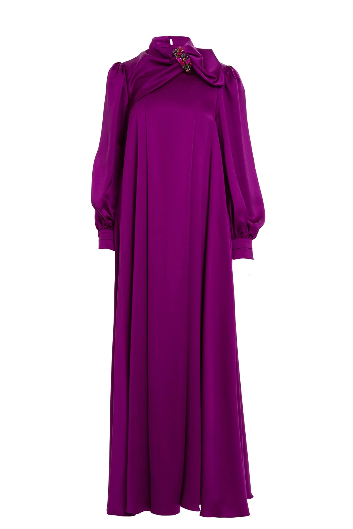 Fuchsia Embroidered-Collar Bow-Detail Maxi Dress