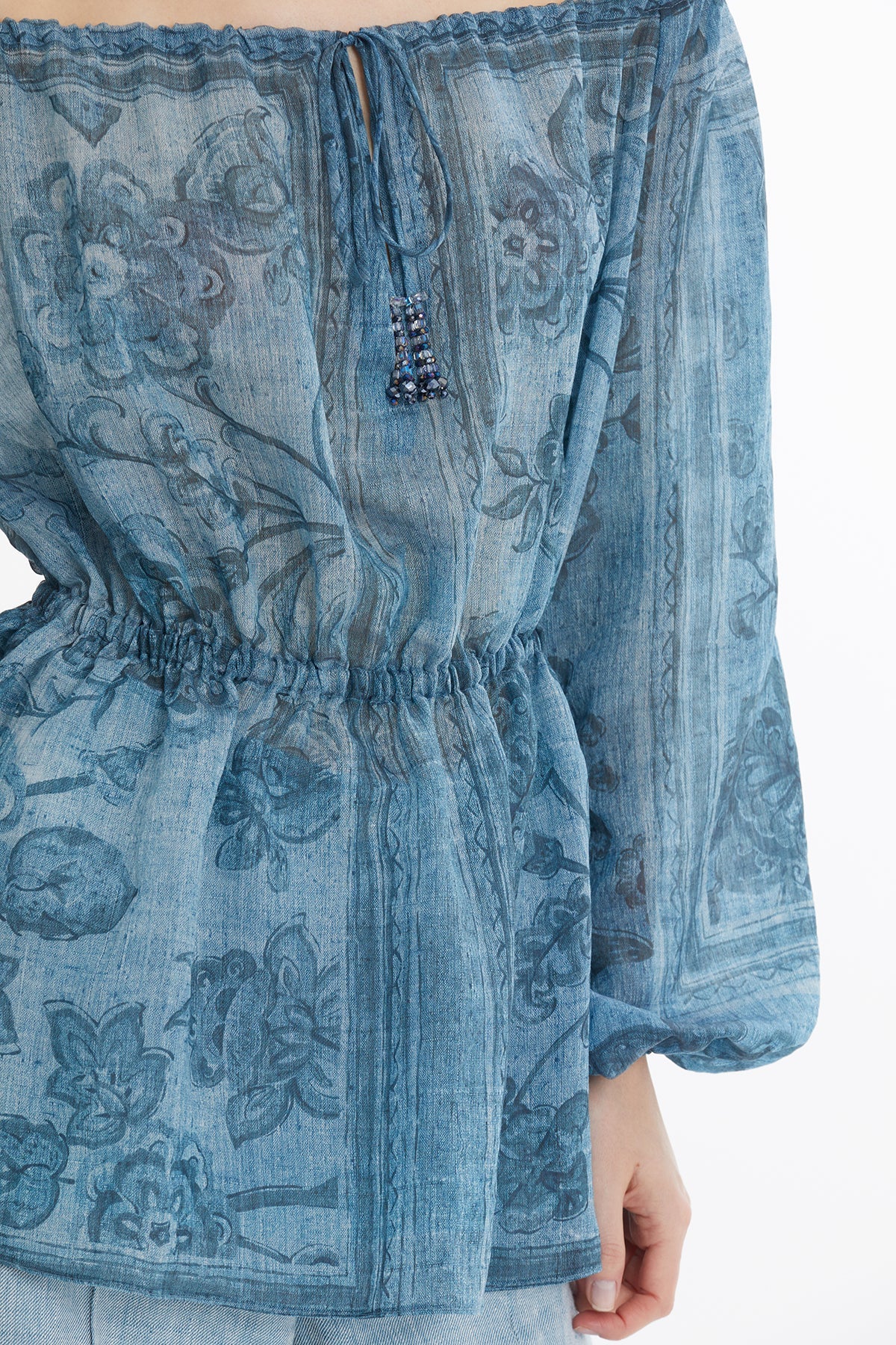Gathered Embroidered Printed Blouse - Image 3