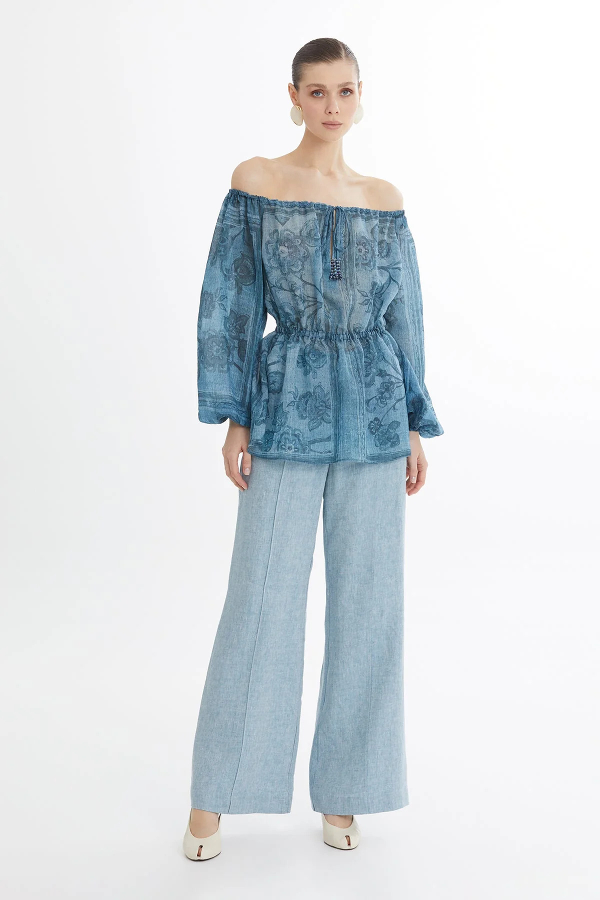 Gathered Embroidered Printed Blouse - Image 4