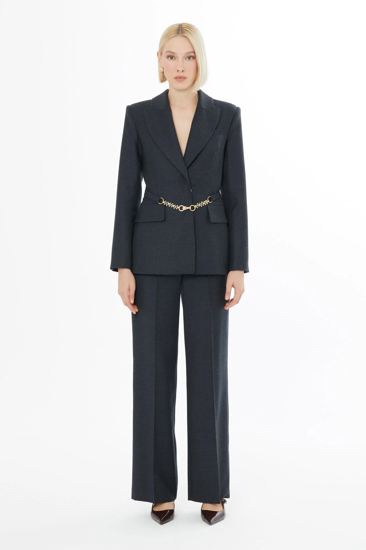 Gray Jacket with Chain Accessory Detail