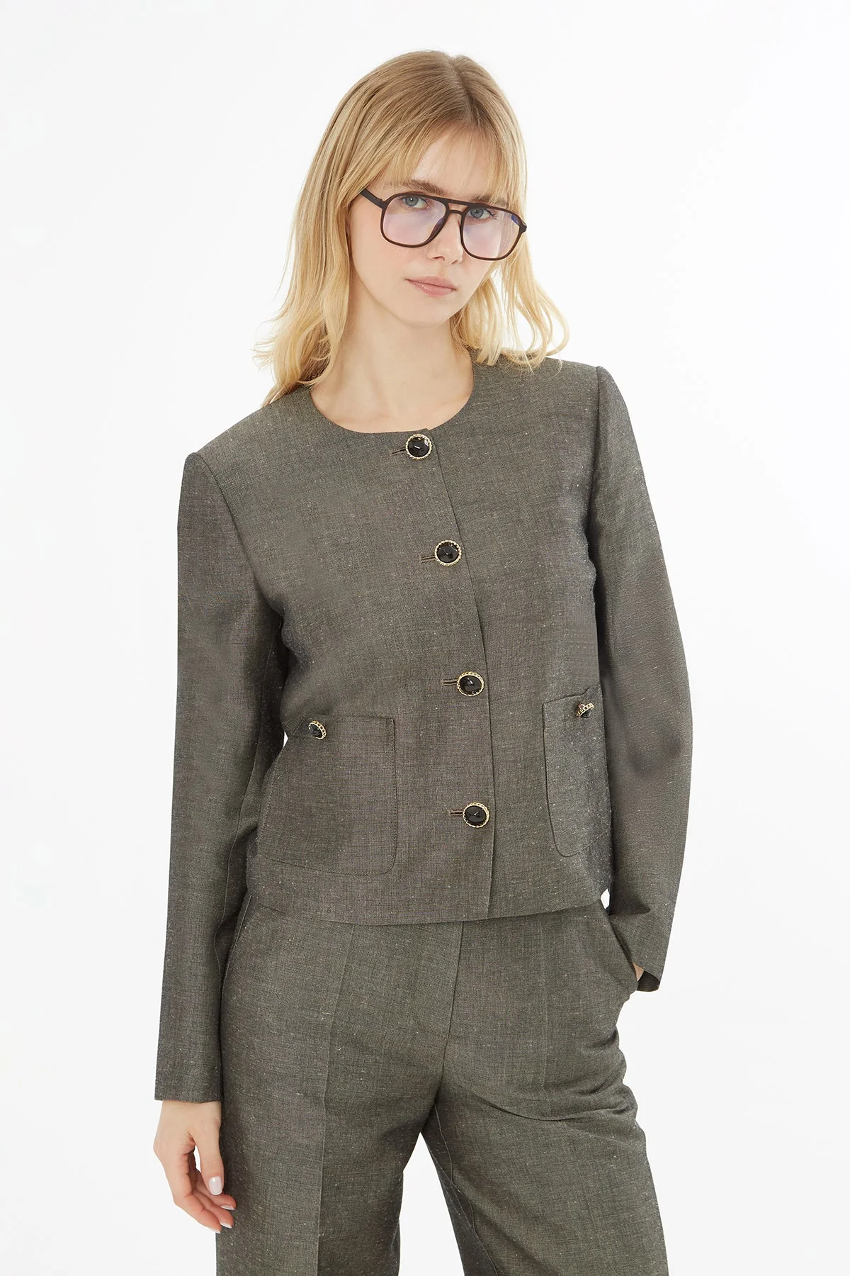 Gray Suit Jacket with Chain Collar - Image 2