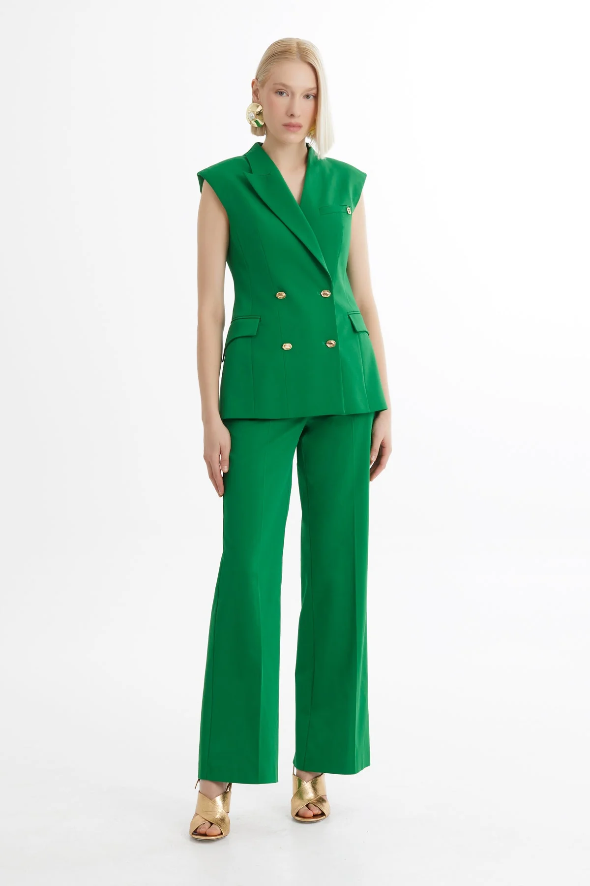 Green Asymmetric-Collar Blazer Trouser Set