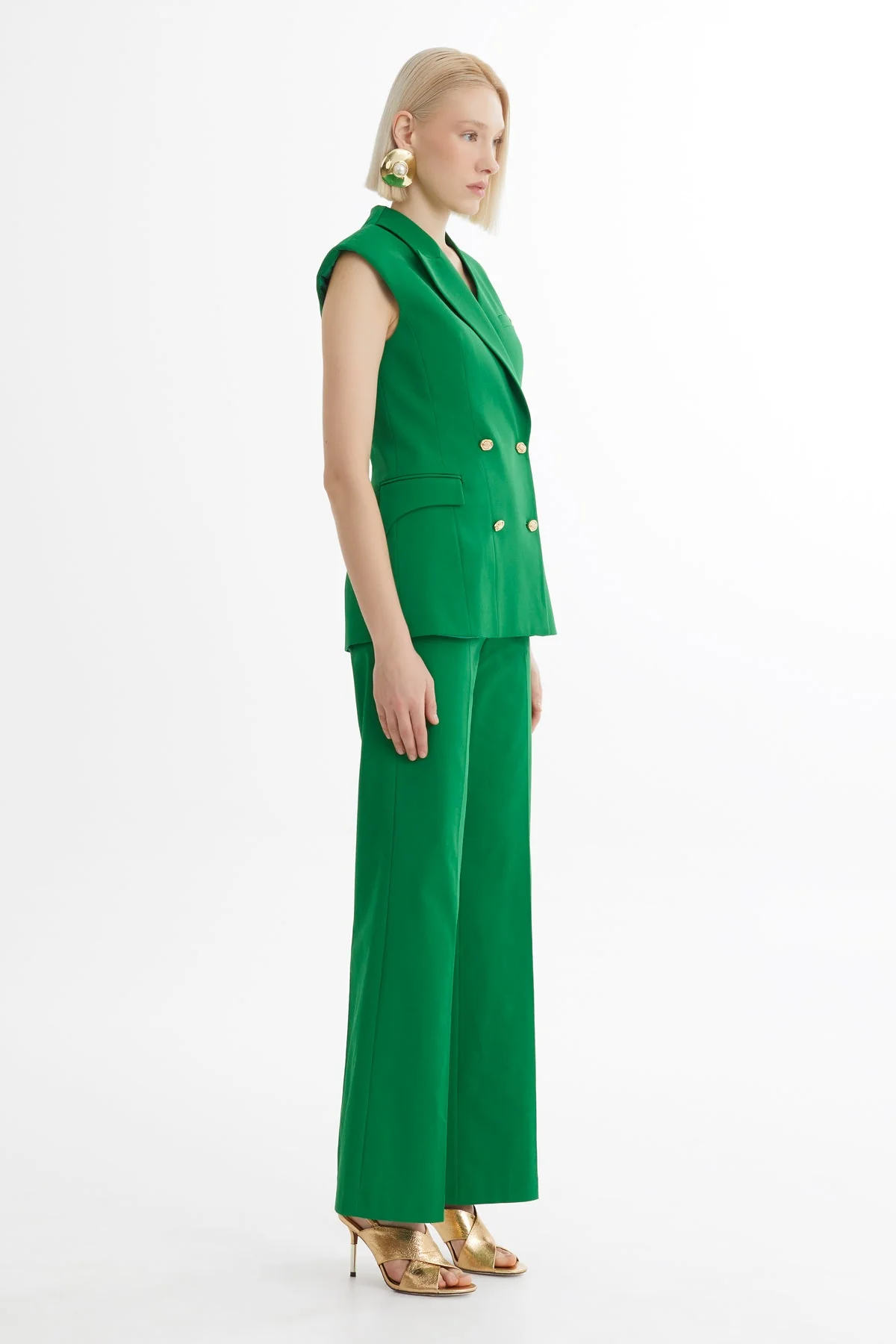 Green Asymmetric-Collar Blazer Trouser Set - Image 3