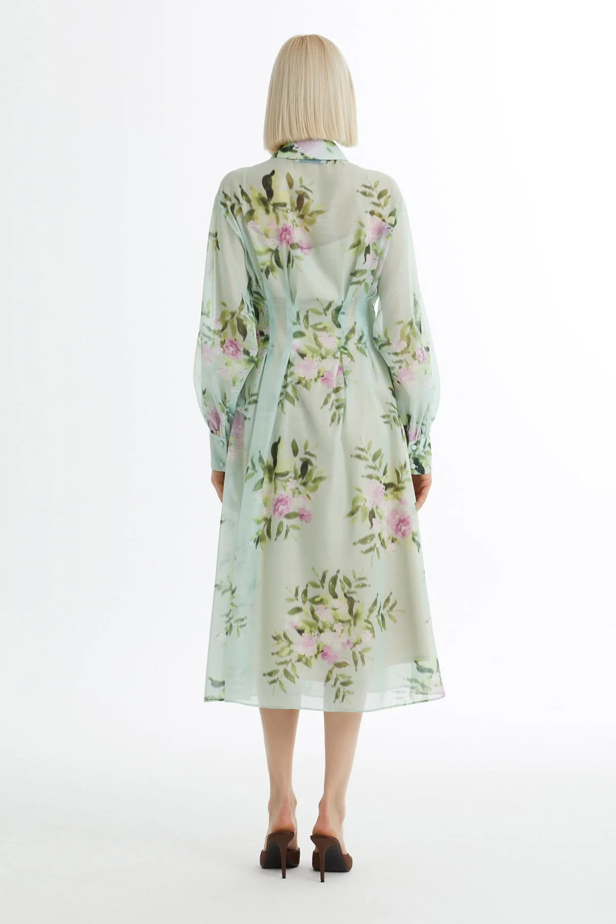 Green Balloon Sleeve Embroidered Dress - Image 4