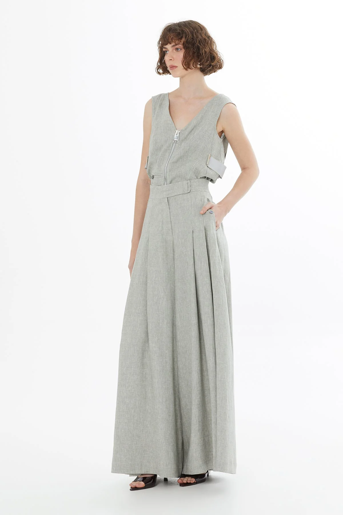 Green Belted Wide-Leg Linen Trousers - Image 4