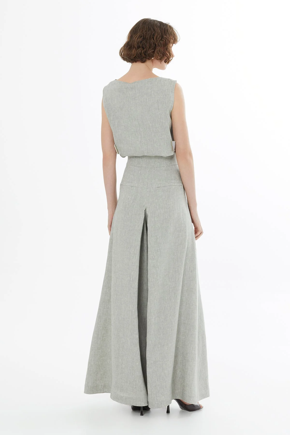 Green Belted Wide-Leg Linen Trousers - Image 5