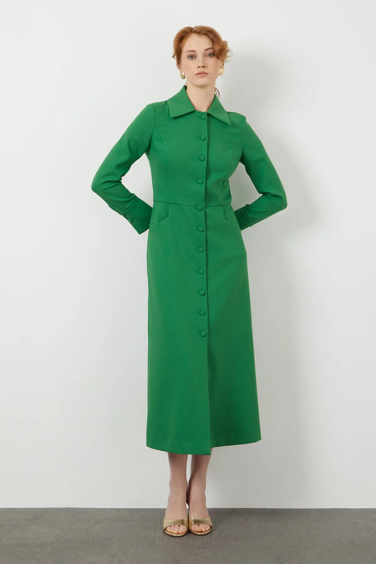 Green Button-Front Midi Dress