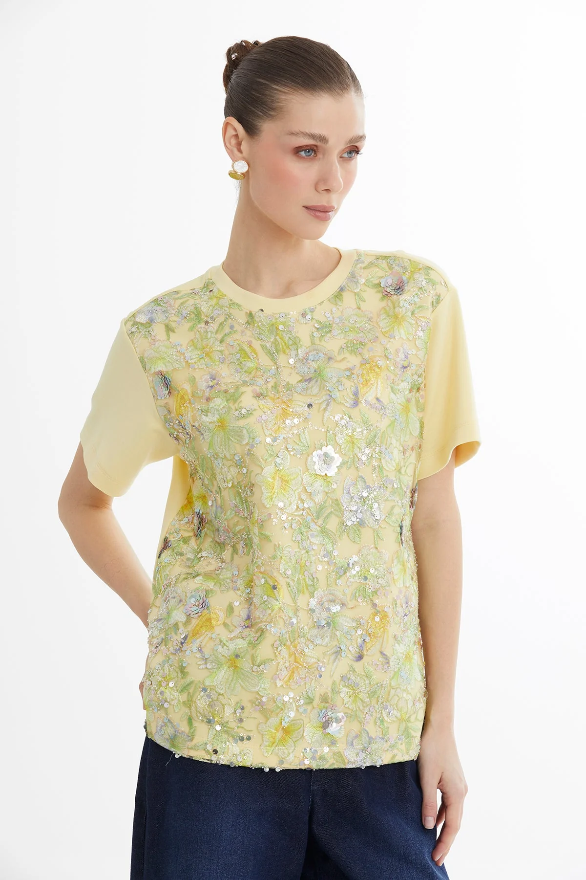 Green Color Embroidery Sequin T-Shirt - Image 4