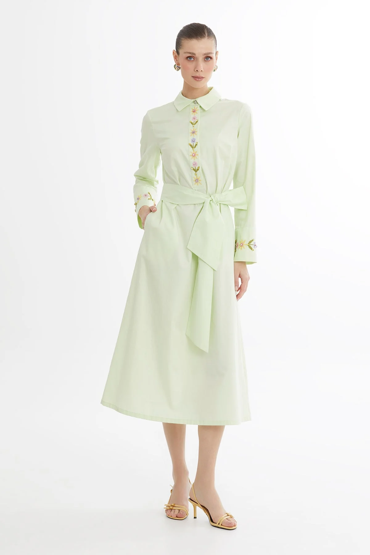 Green Embroidered Belted Midi Dress