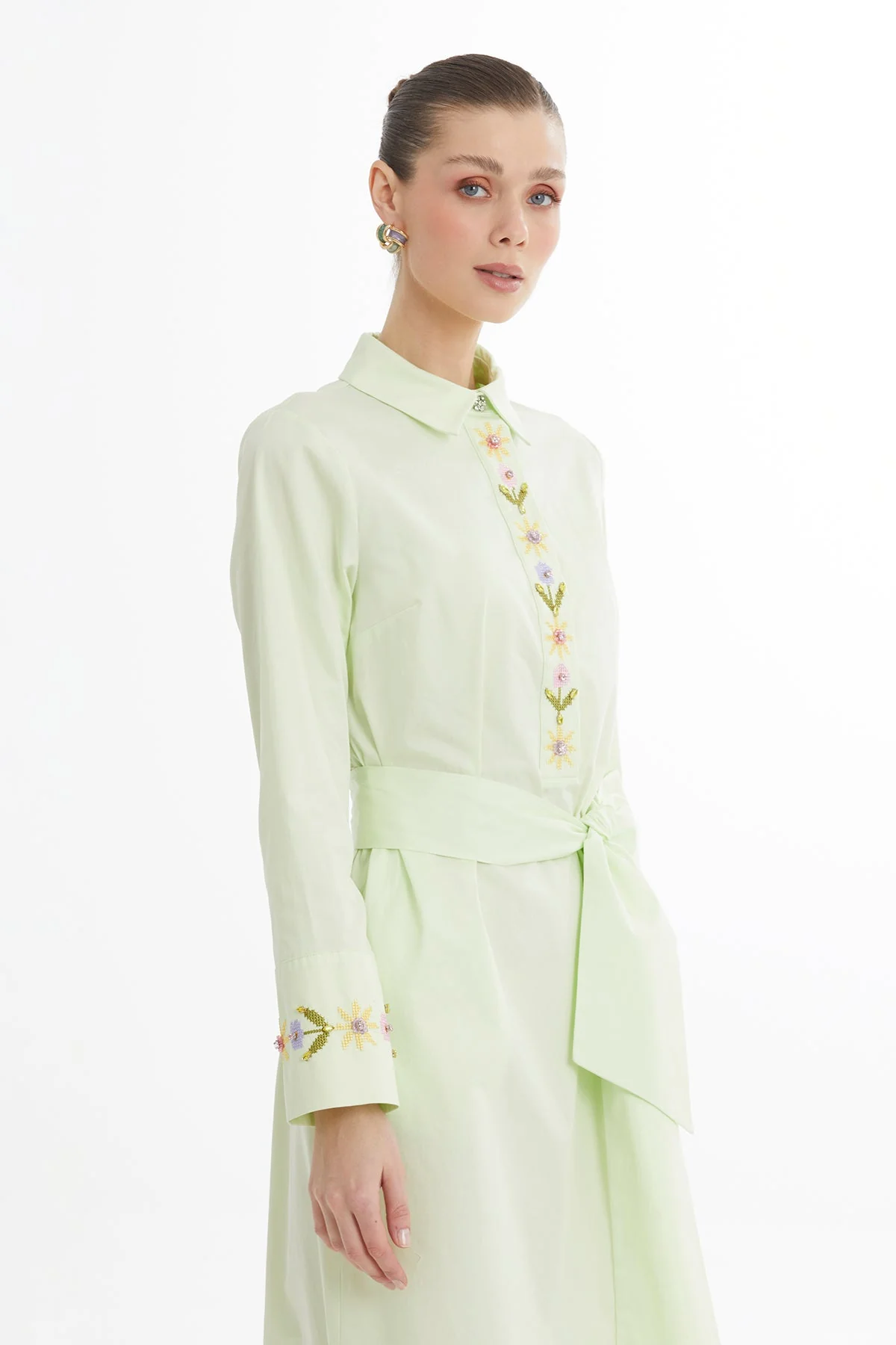 Green Embroidered Belted Midi Dress - Image 3
