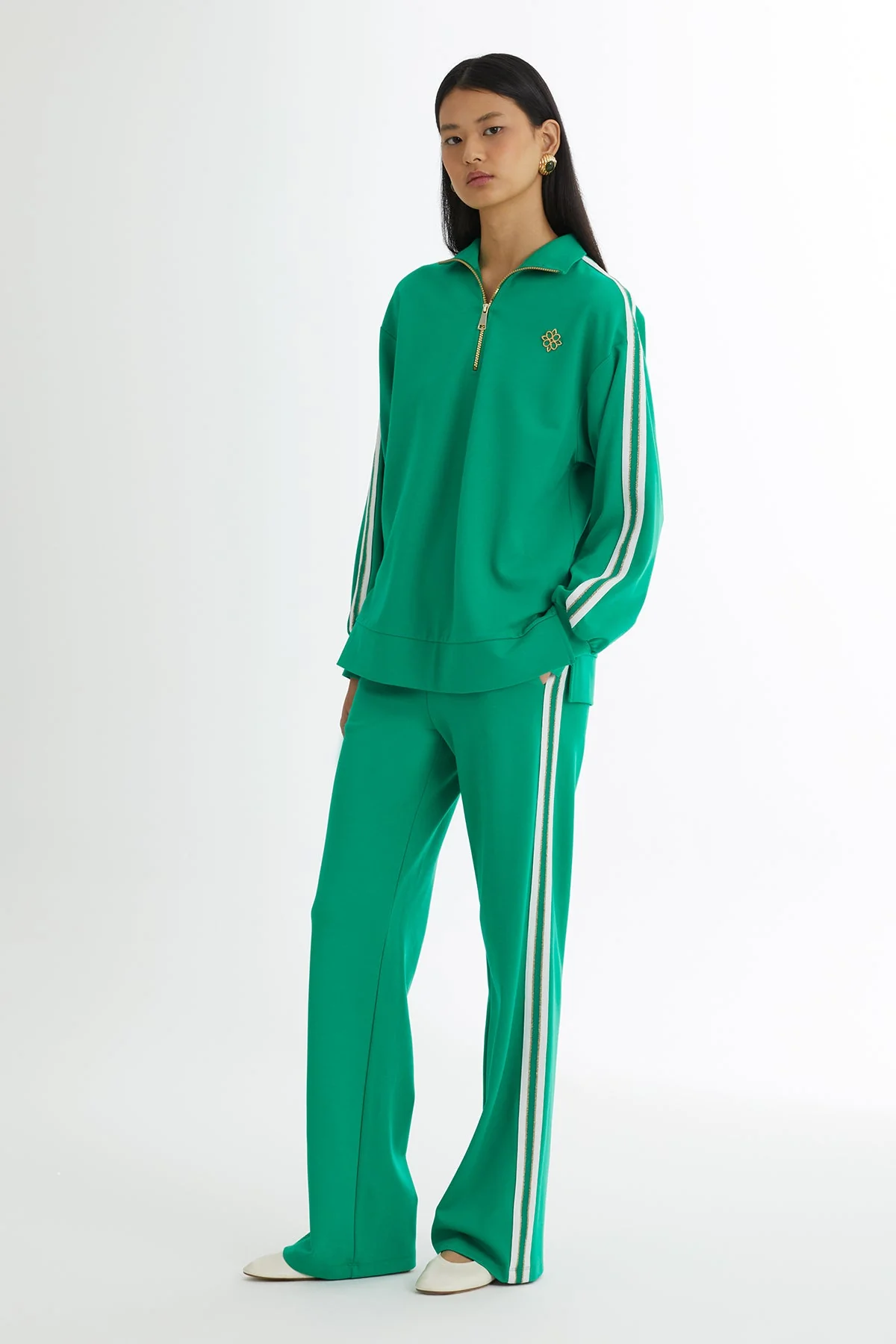 Green Knit-Detail Top and Pants Sweatshirt Set - Image 3