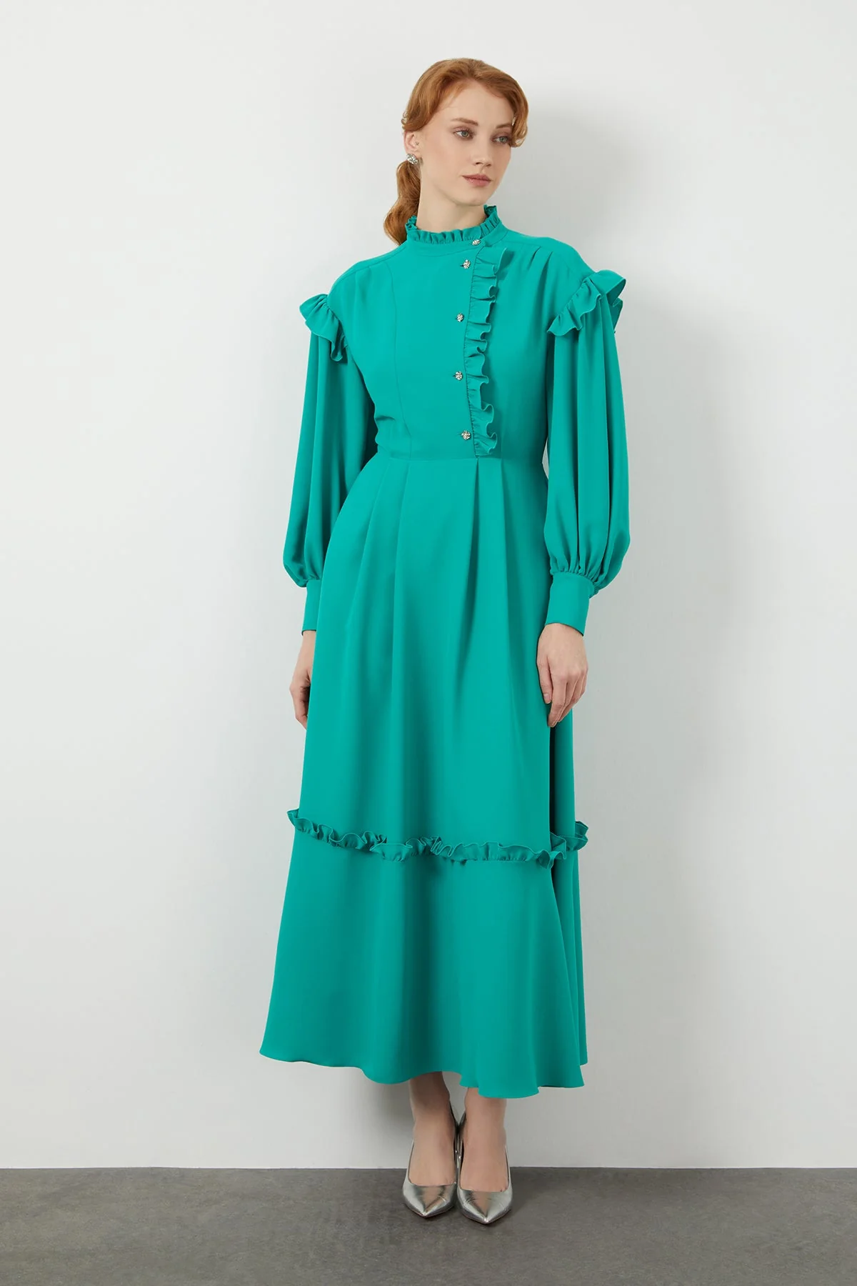 Green Ruffle-Detail Midi Dress - Image 2