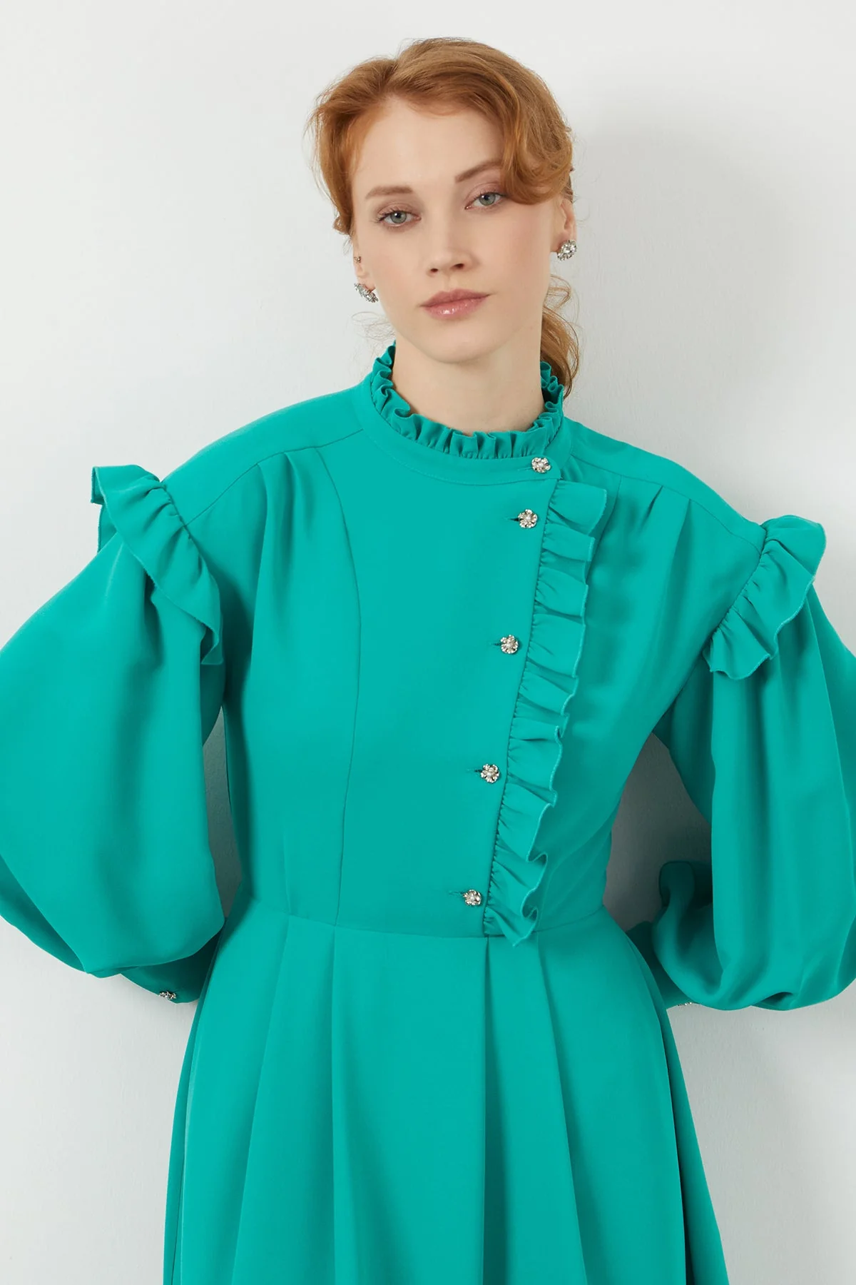 Green Ruffle-Detail Midi Dress - Image 3