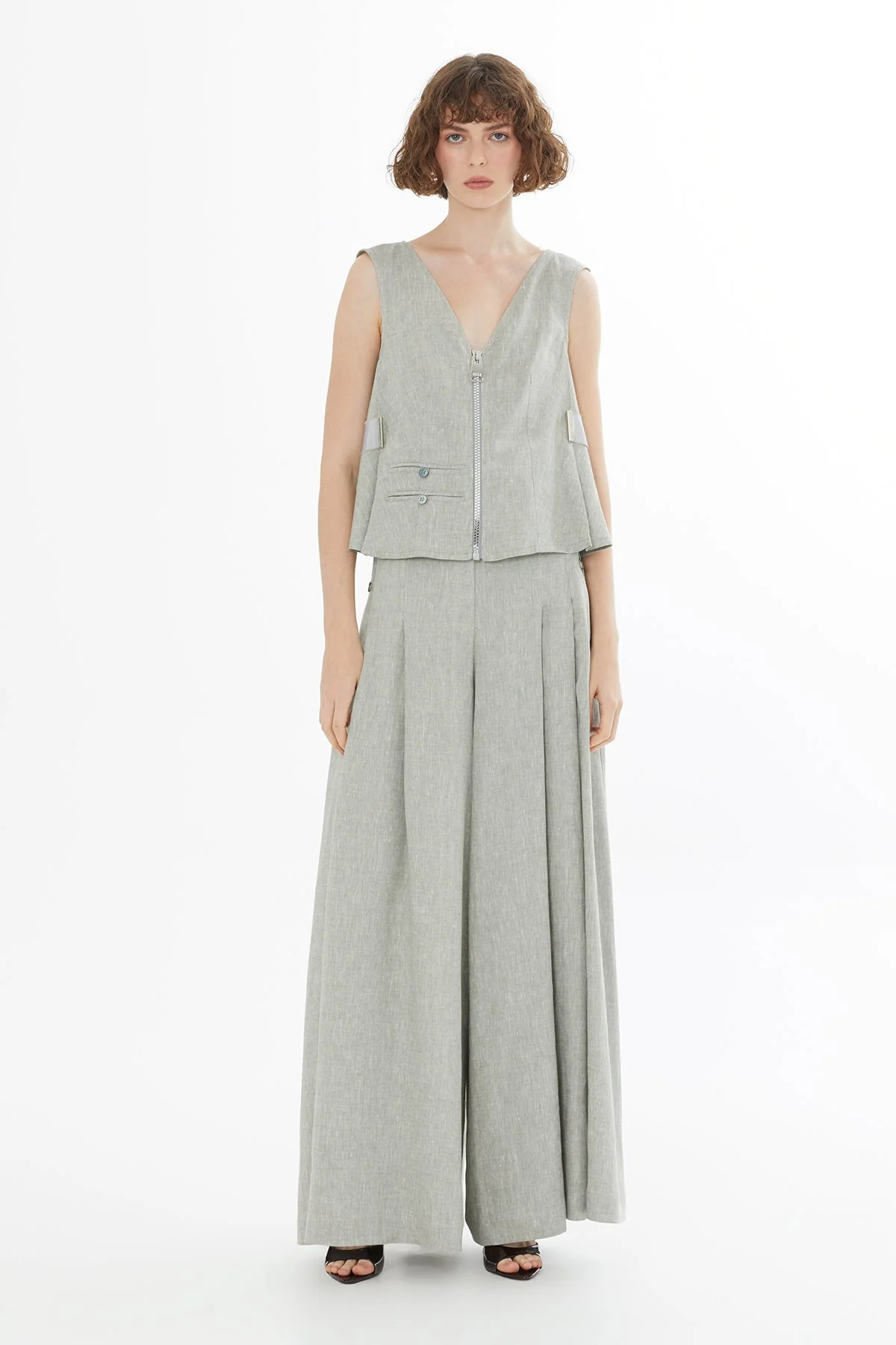 Green Sleeveless Pocket Linen Blouse