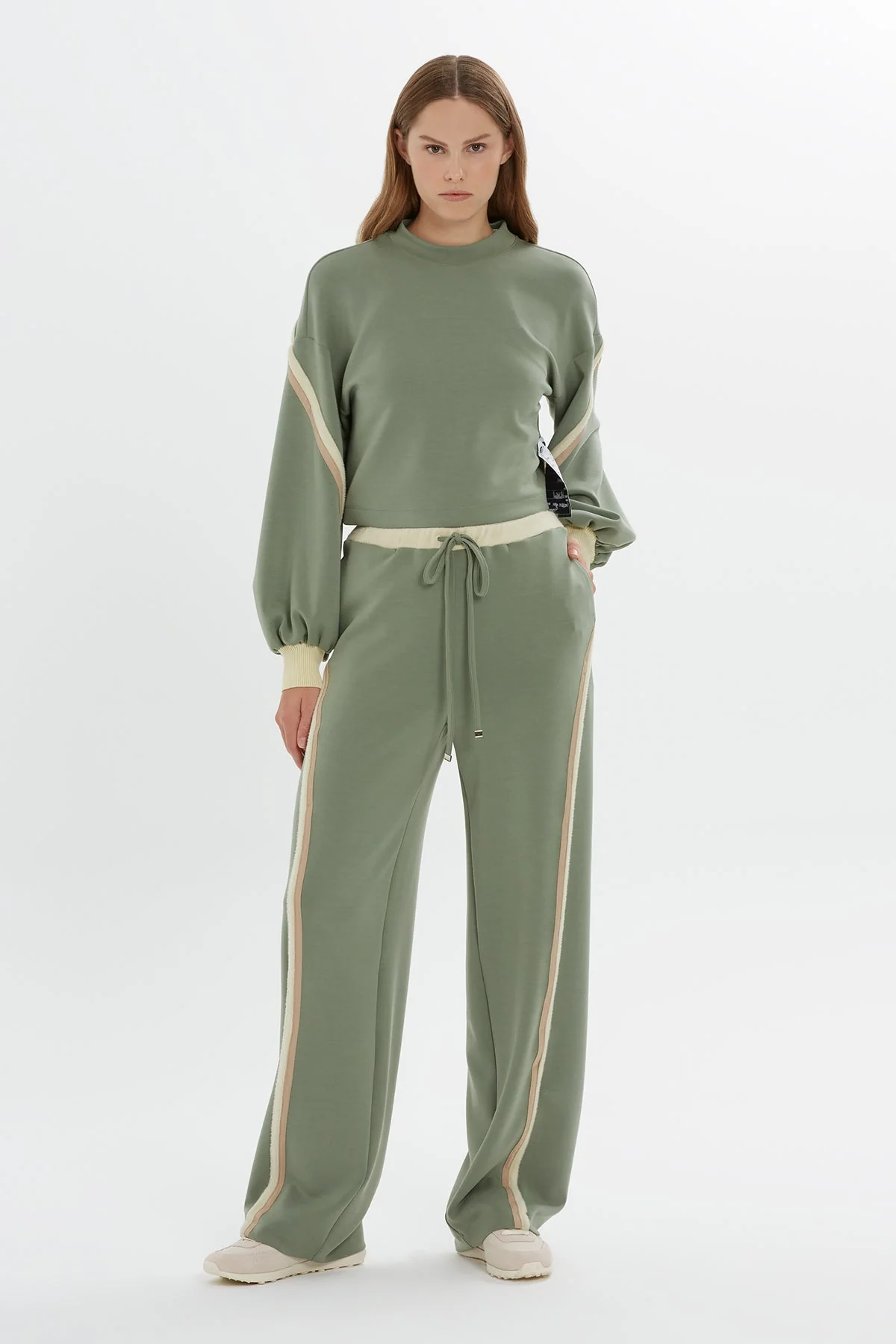 Green Stripe-Detail Sleeve Sweatshirt
