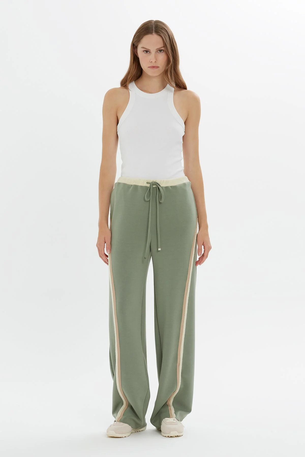 Green Stripe-Detail Wide-Leg Sweatpants