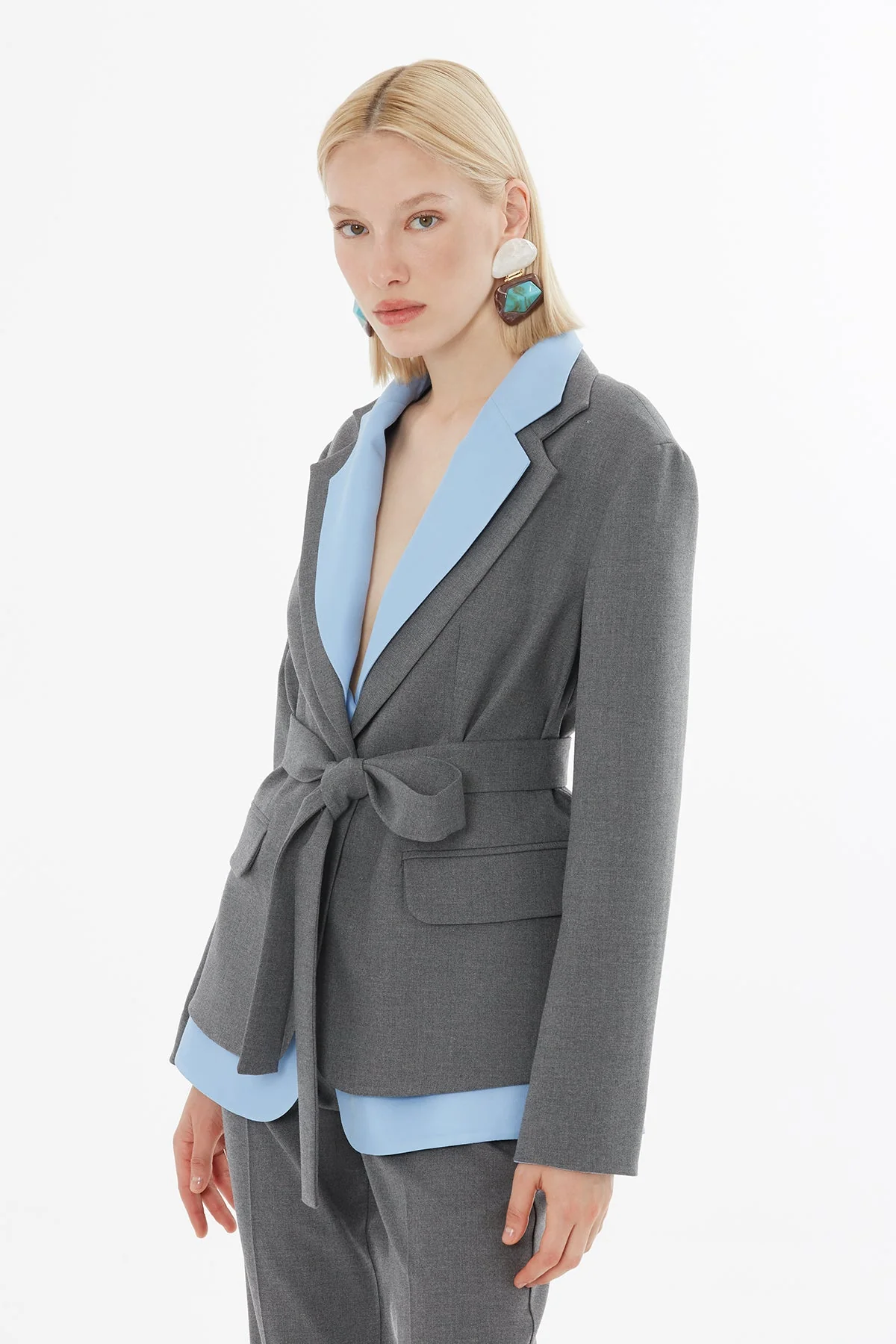 Grey Belted Jacket and Trousers Set - Image 3