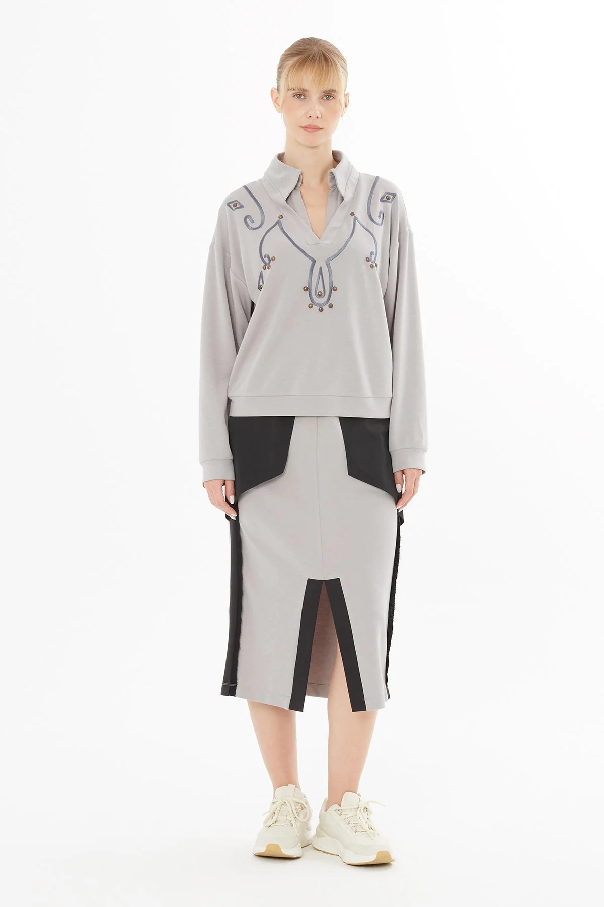 Grey Blouse with Embroidery Details