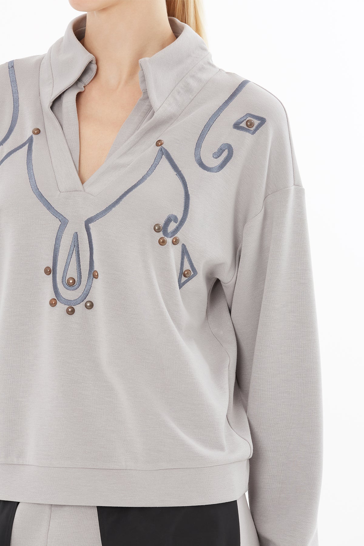 Grey Blouse with Embroidery Details - Image 2