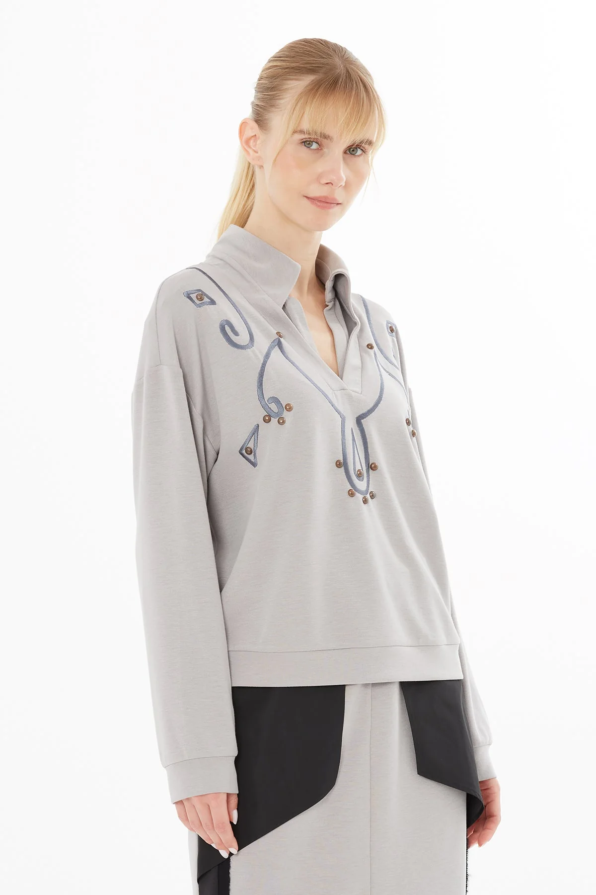 Grey Blouse with Embroidery Details - Image 3
