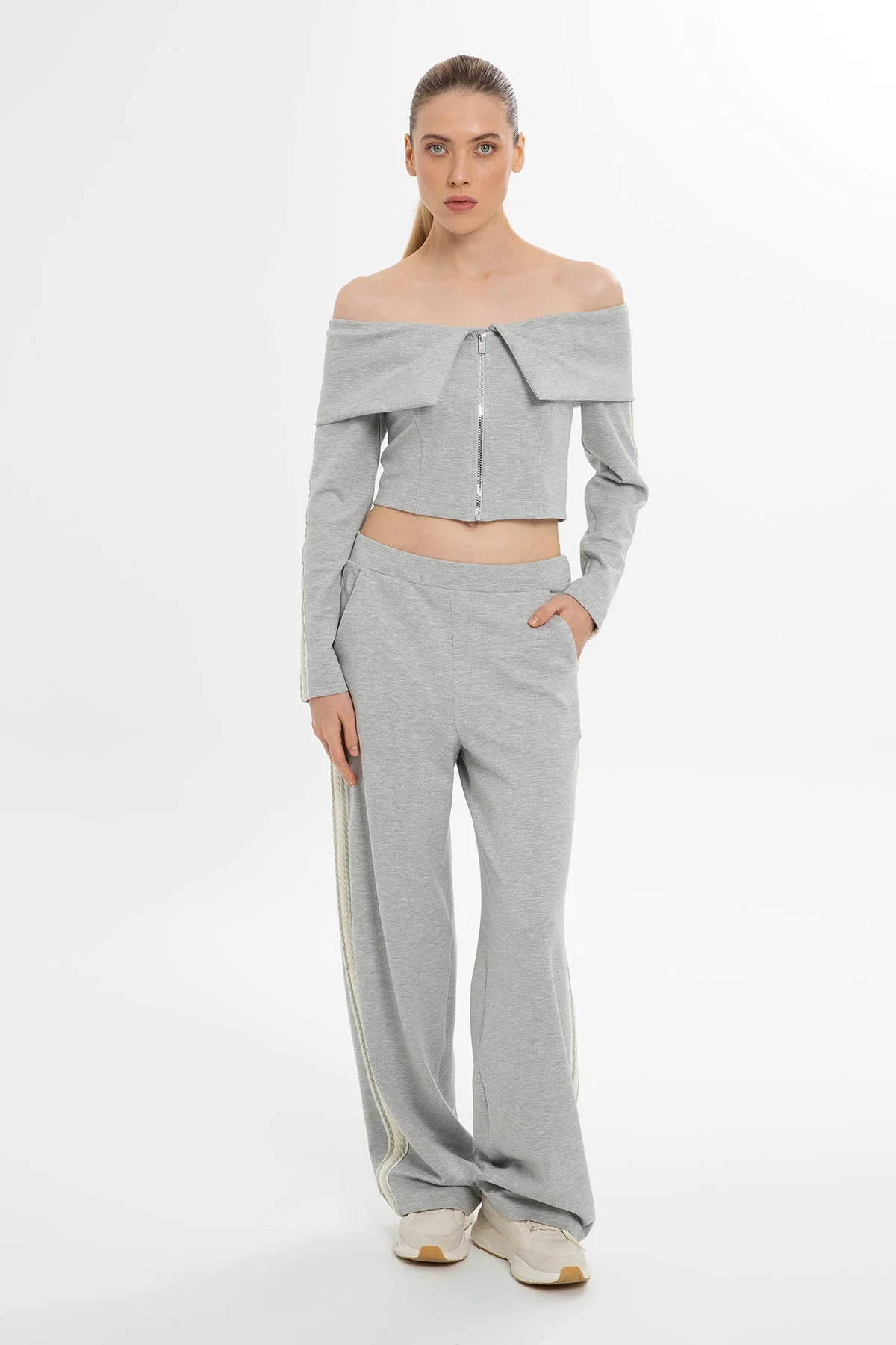 Grey Boat Neck Striped Sleeve Blouse - Image 3