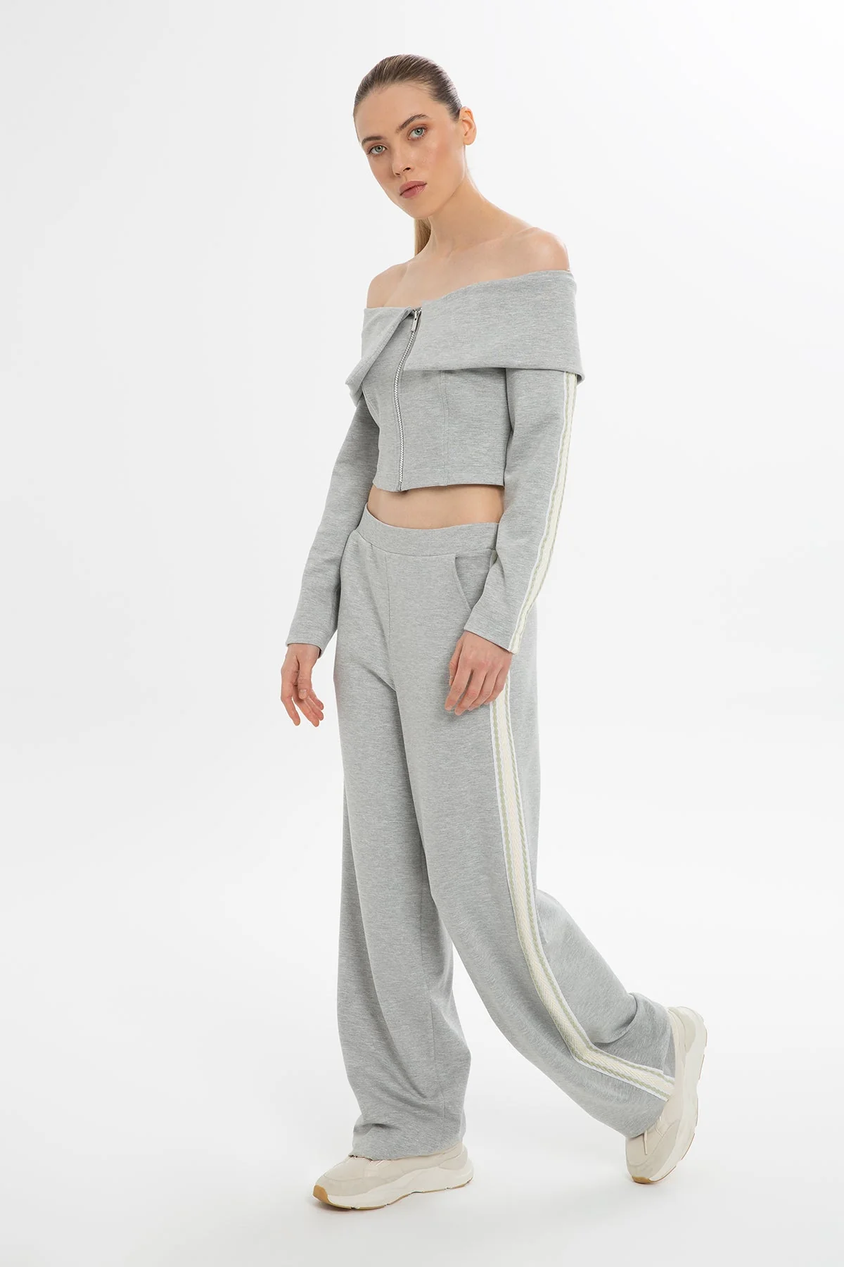 Grey Boat Neck Striped Sleeve Blouse - Image 4