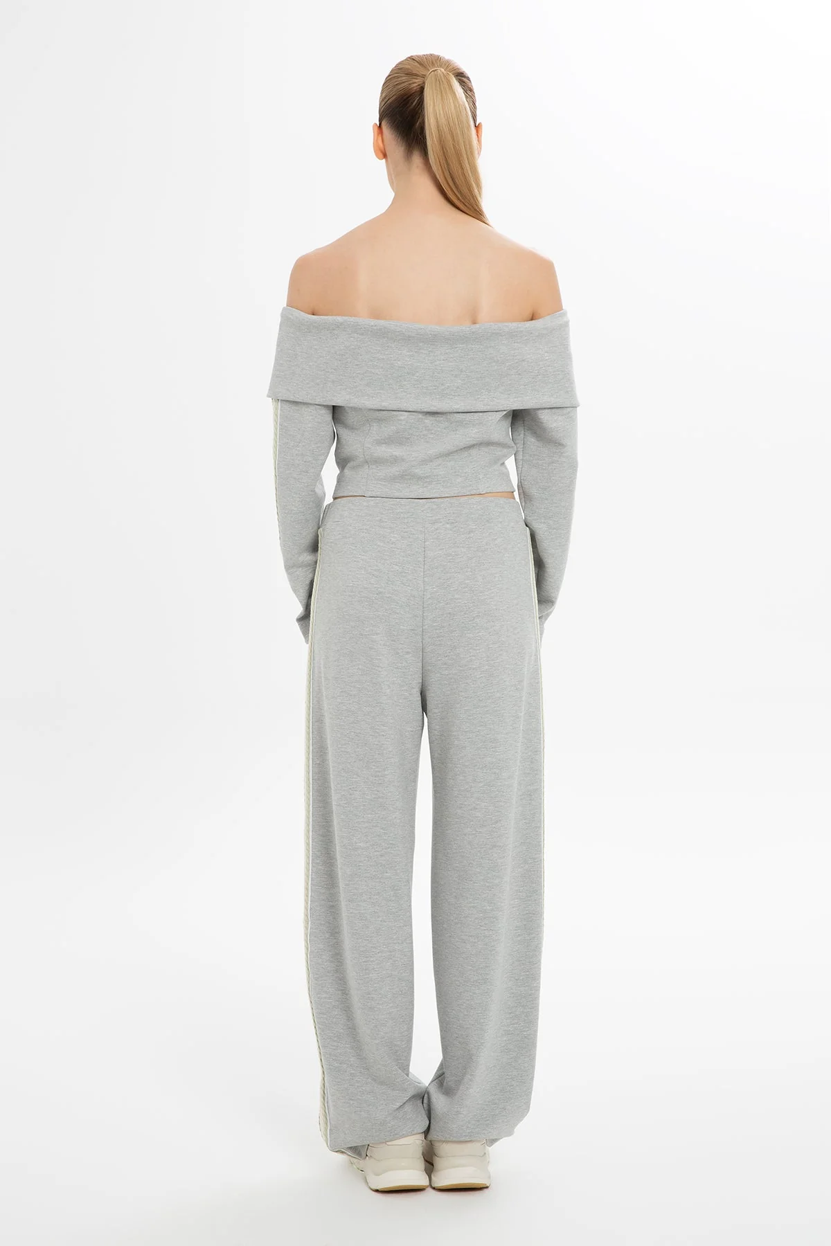 Grey Boat Neck Striped Sleeve Blouse - Image 5