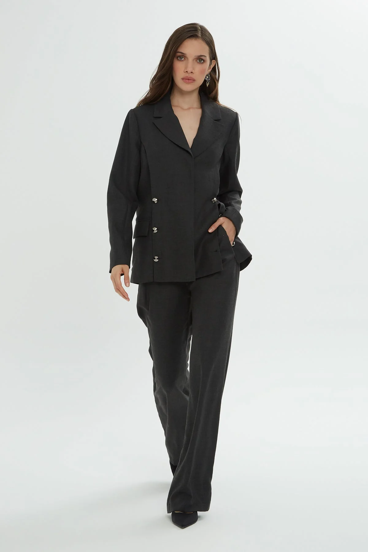 Grey Buttoned-Pocket Co-Ord Set