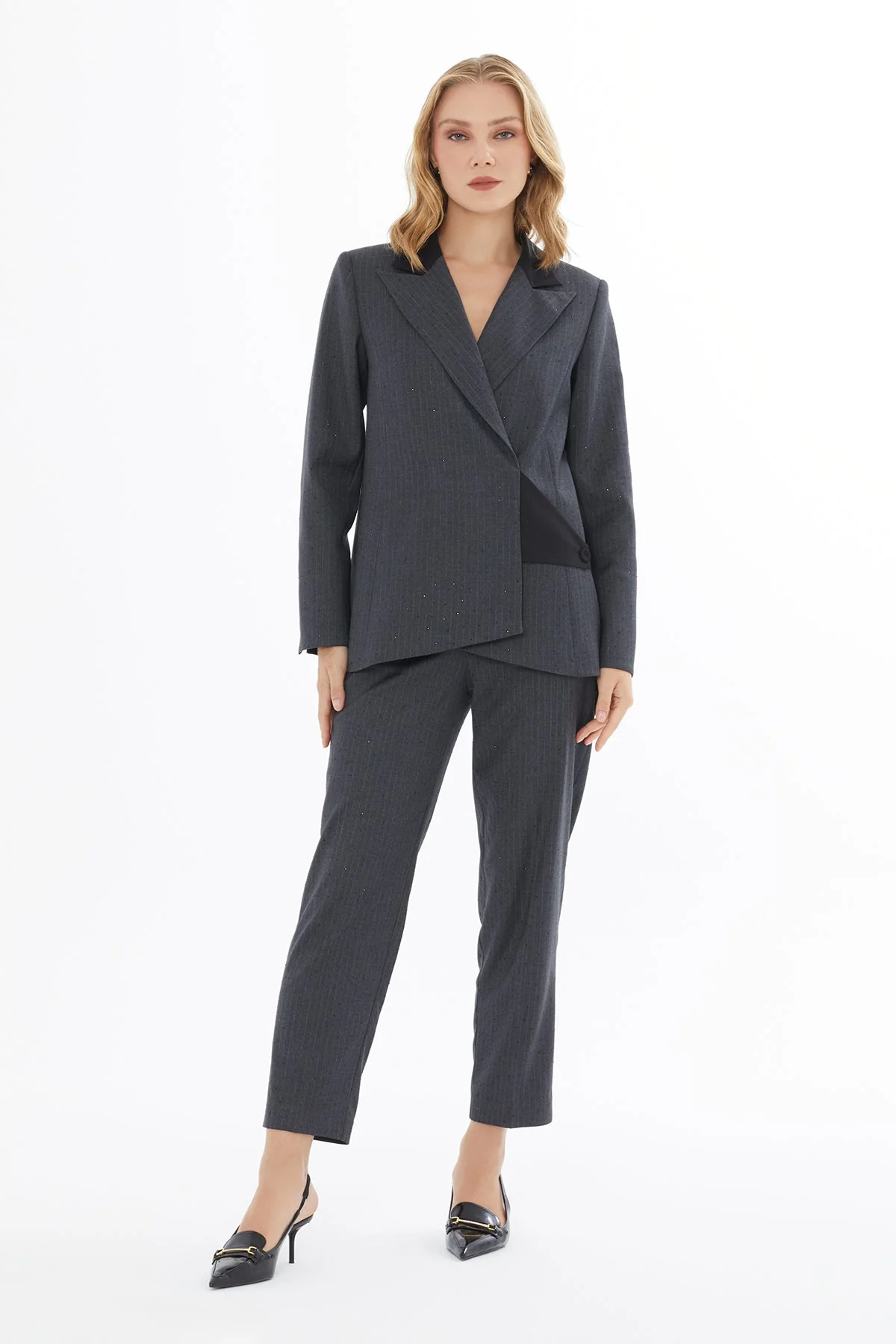 Grey Double-Breasted Jacket with Pockets