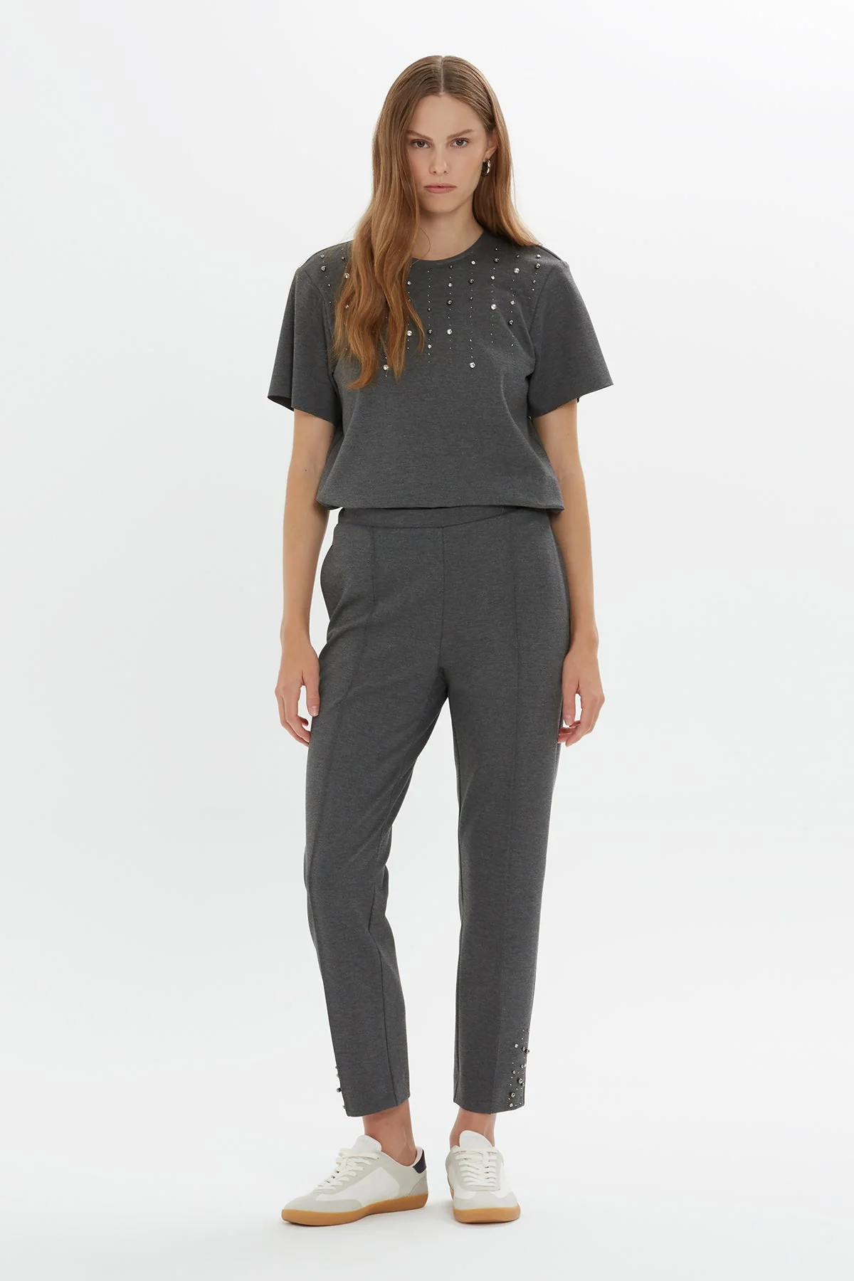 Grey Embroidered-Hem Sweatpants