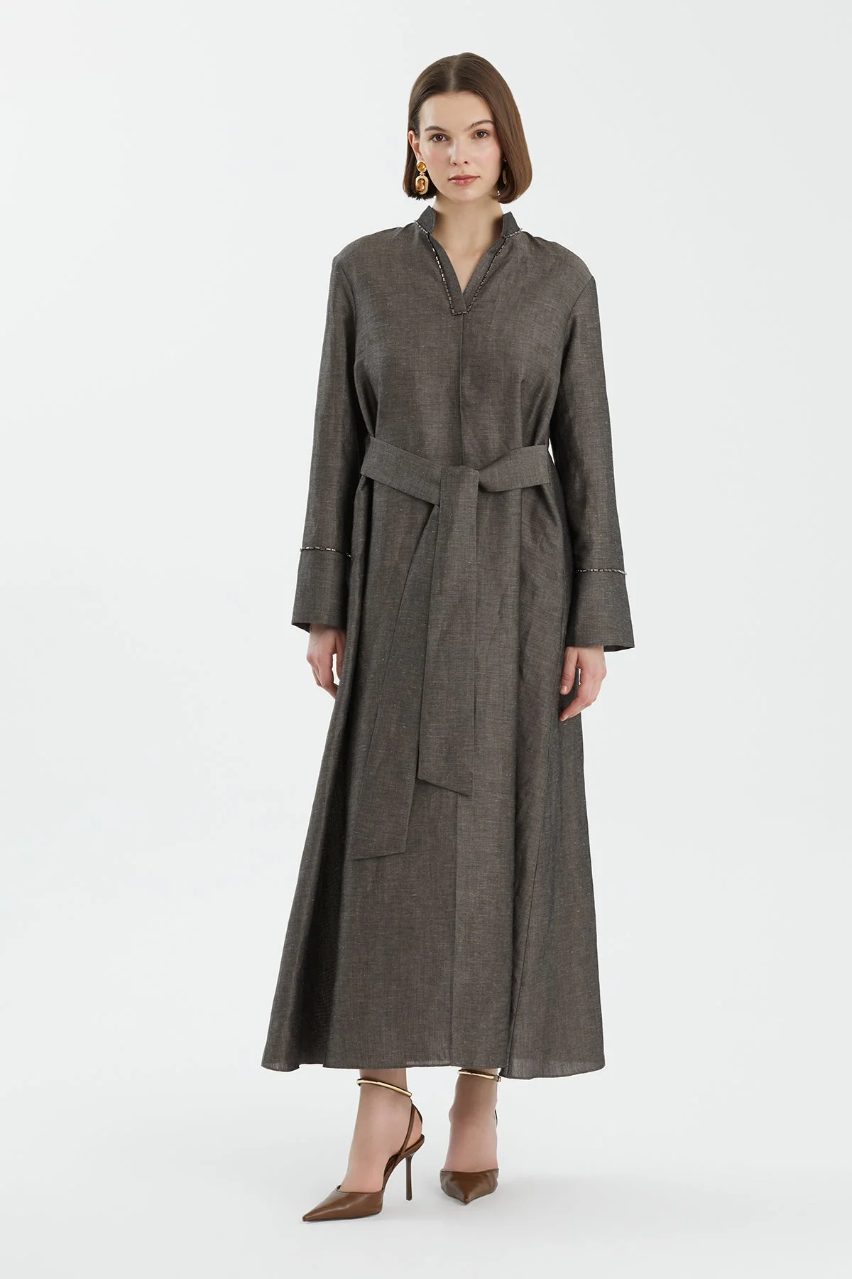 Grey Embroidered Linen Dress