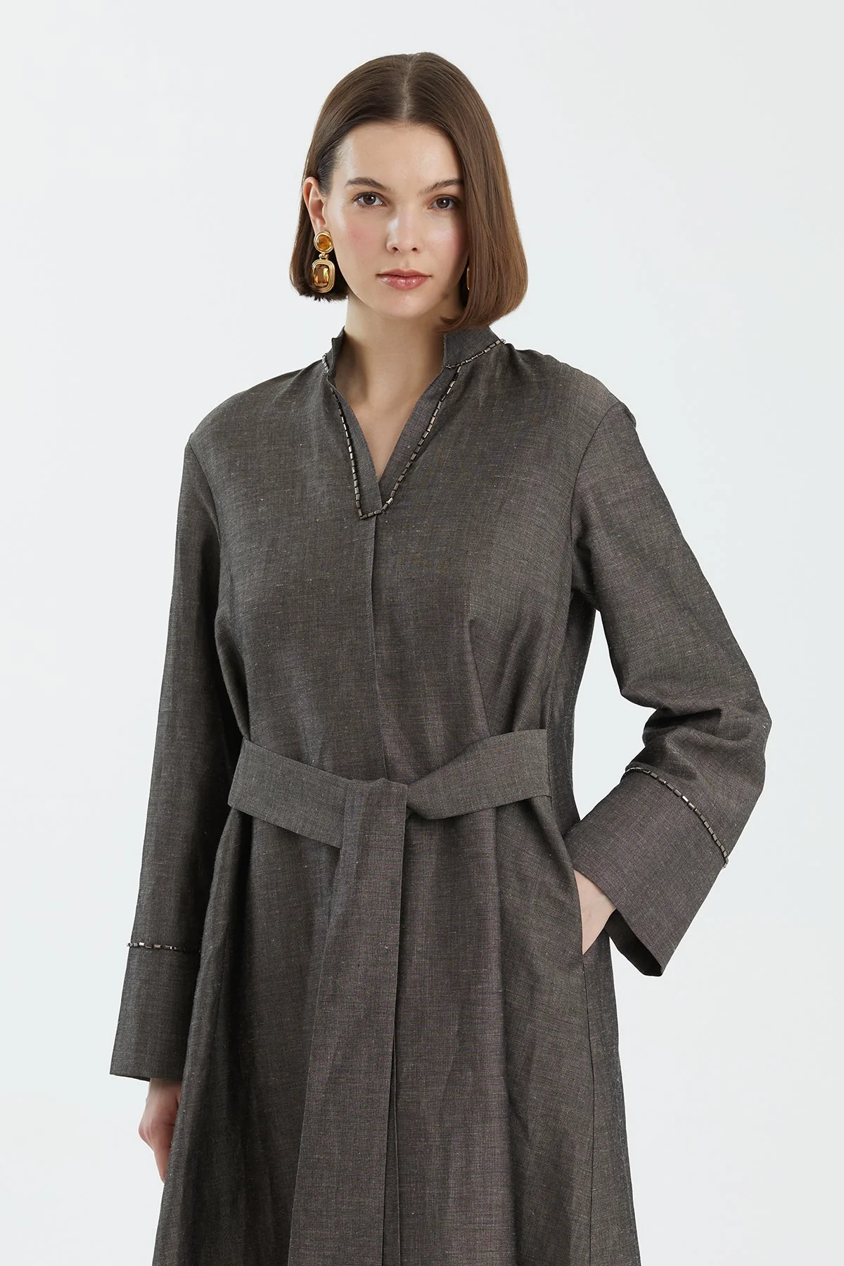 Grey Embroidered Linen Dress - Image 2