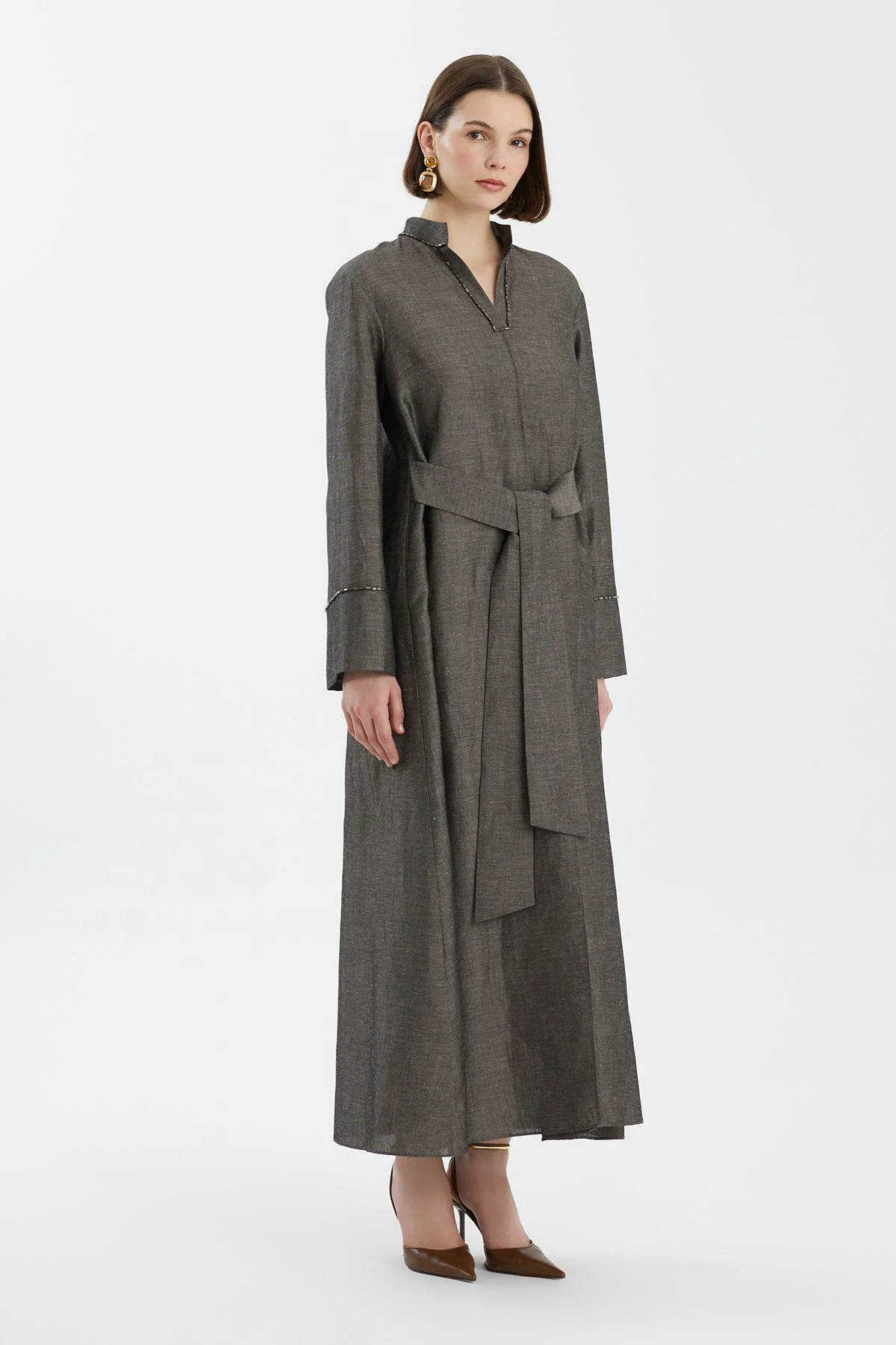Grey Embroidered Linen Dress - Image 3