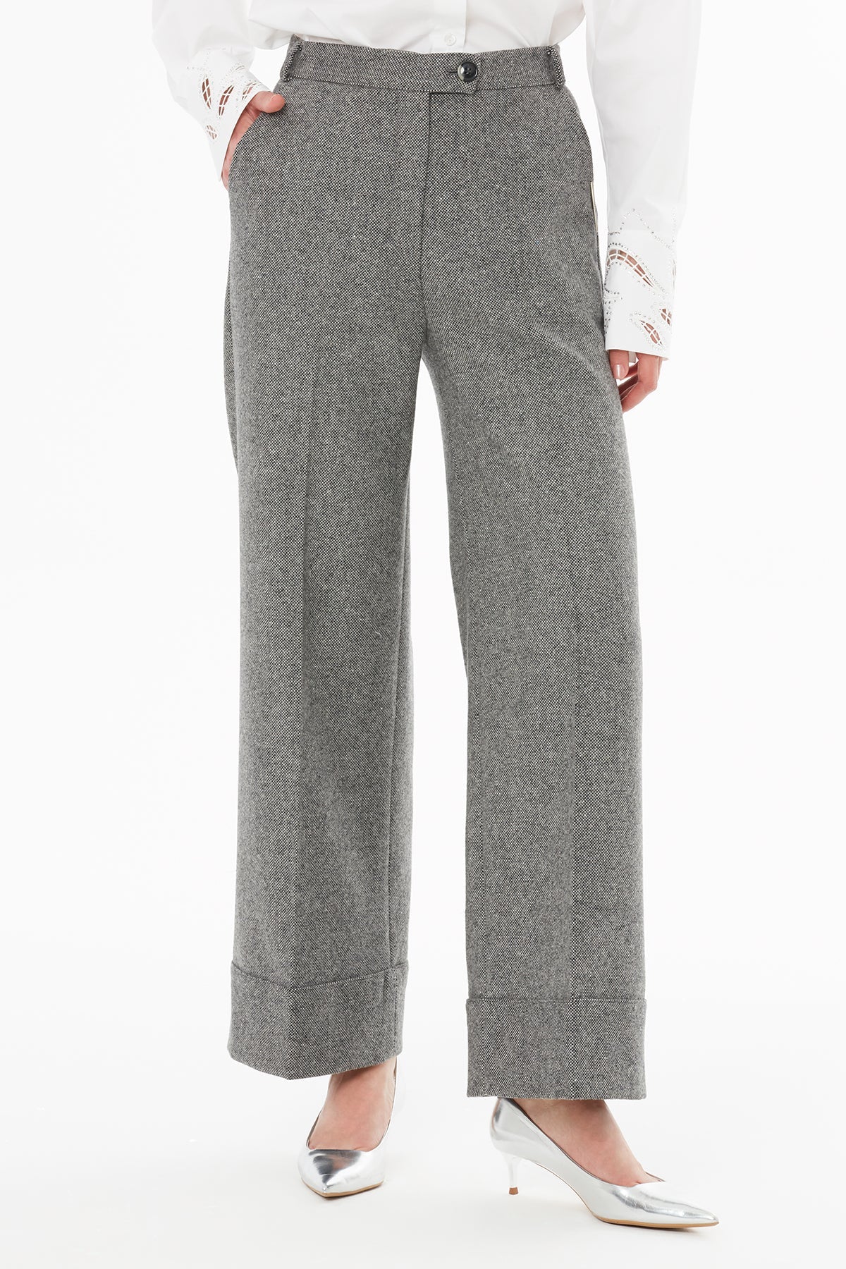 Grey High-Waisted Straight-Leg Trousers - Image 3