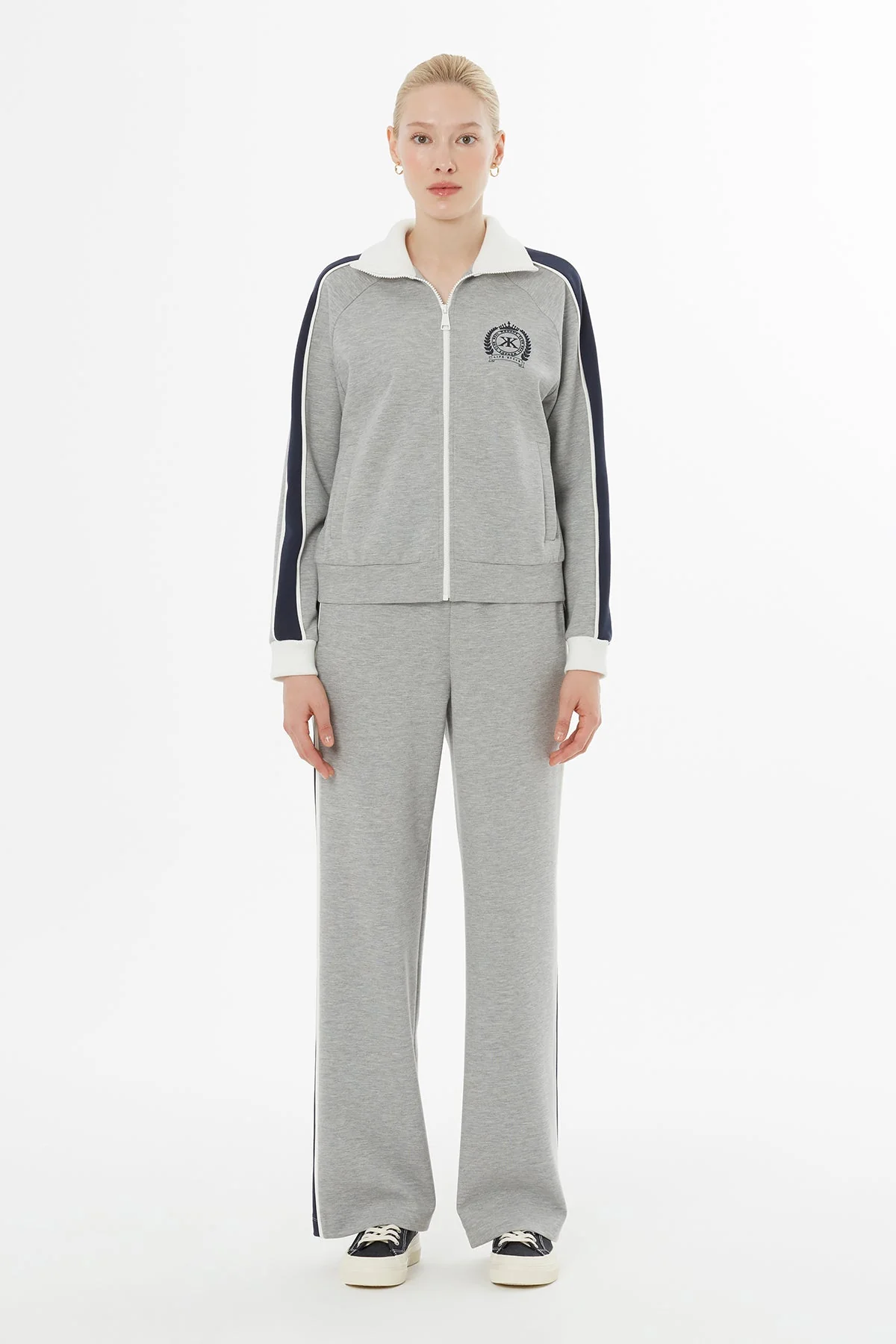 Grey Knitted-Collar Tracksuit Set