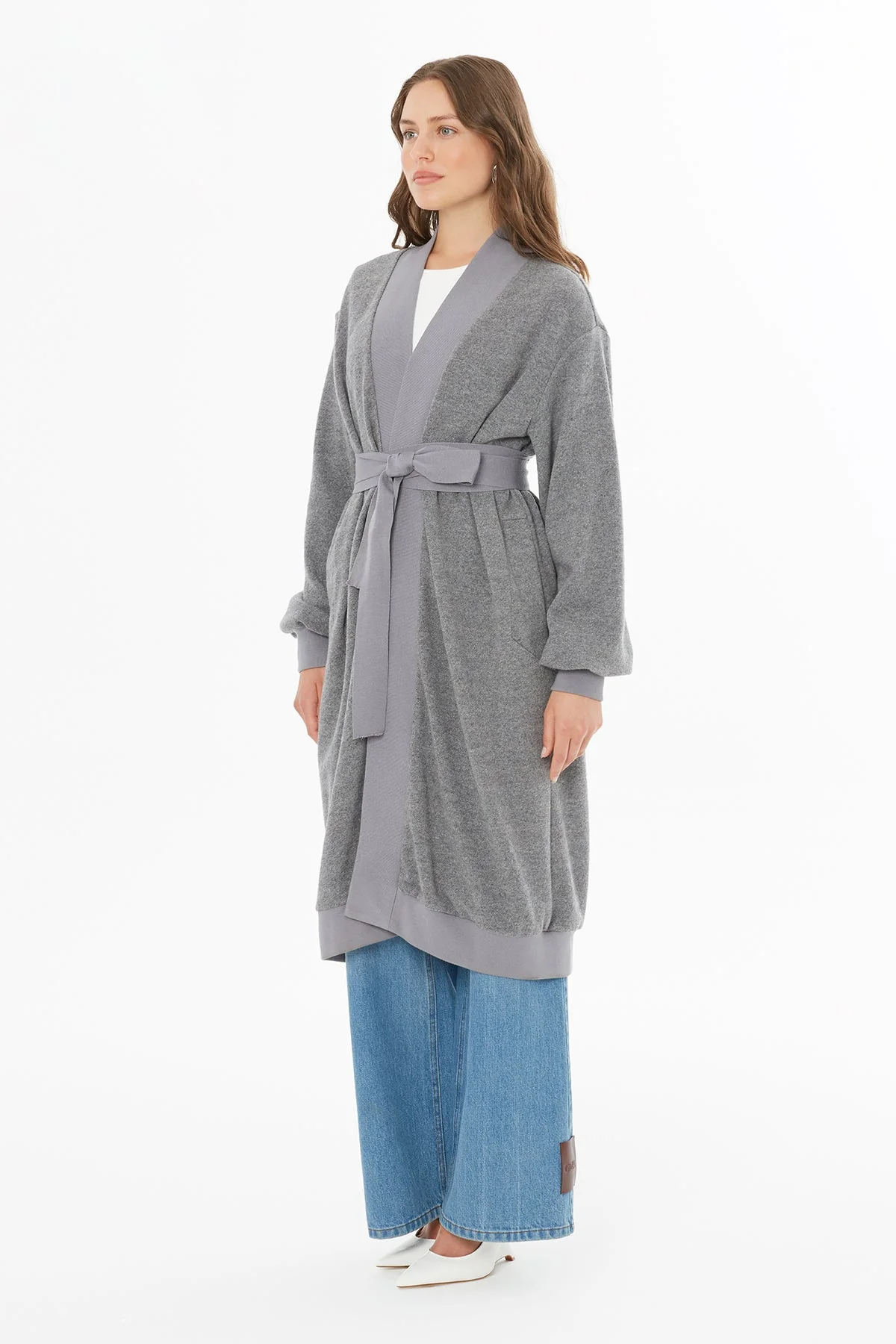 Grey long cardigan with belt - Image 2