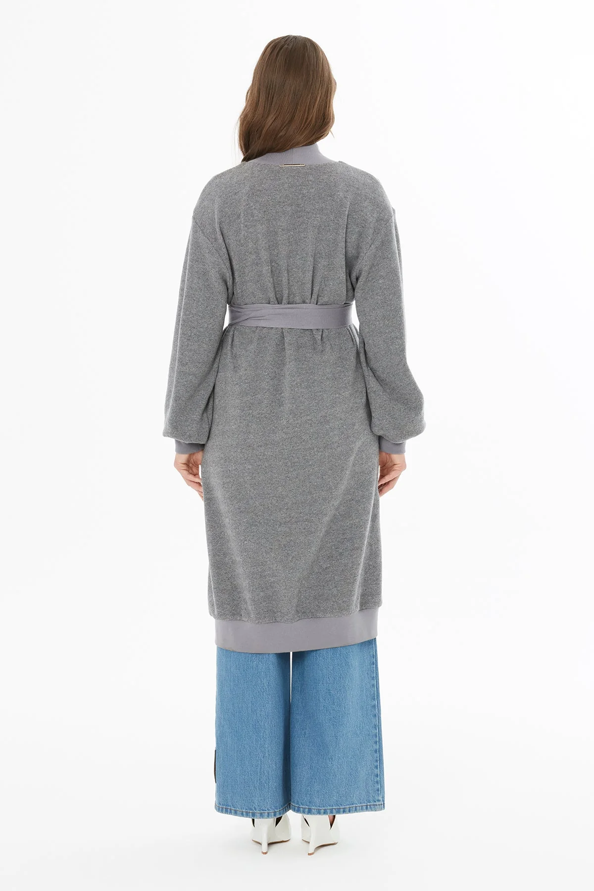 Grey long cardigan with belt - Image 3