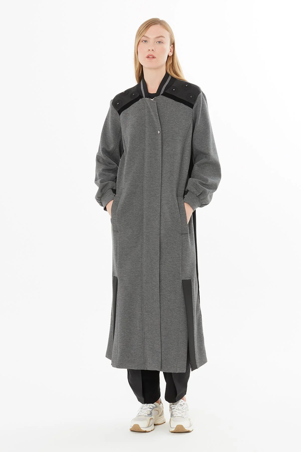 Grey Long Jacket with Contrast Details
