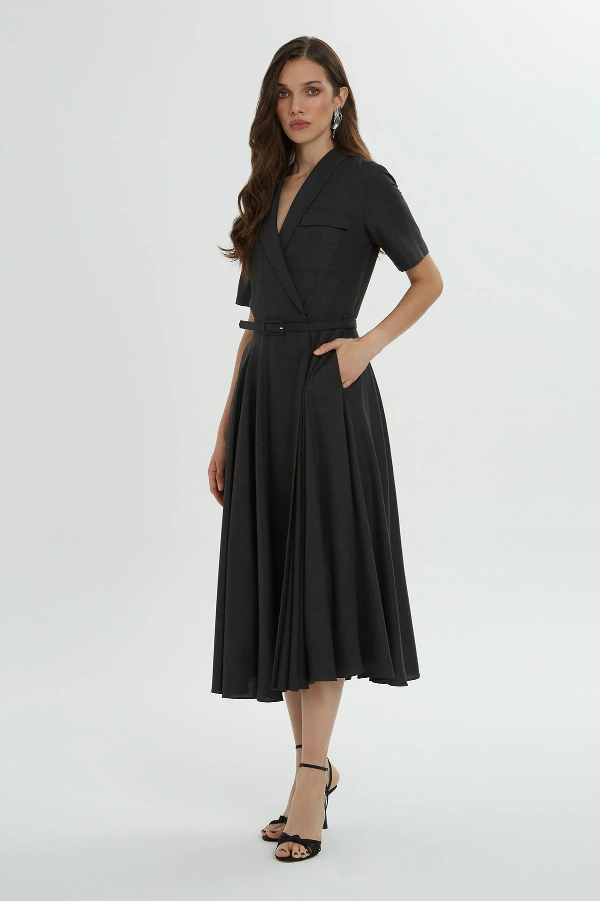 Grey Midi Dress with Belt - Image 3