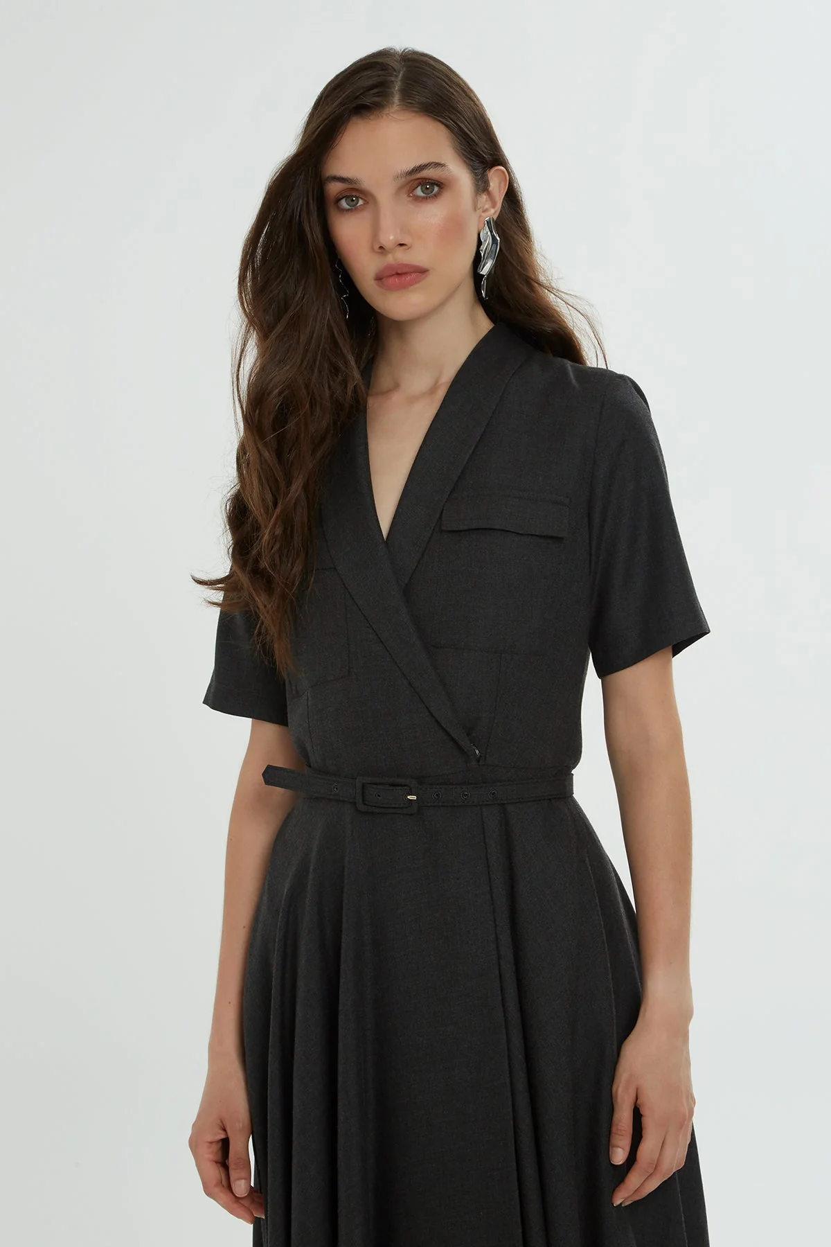 Grey Midi Dress with Belt - Image 4